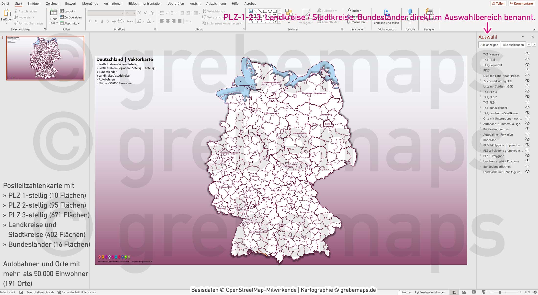PowerPoint-Karte Deutschland Postleitzahlen PLZ-1-2-3 Bundesländer Landkreise Autobahnen Städte>50K Vektorkarte [Digital] – Bild 14