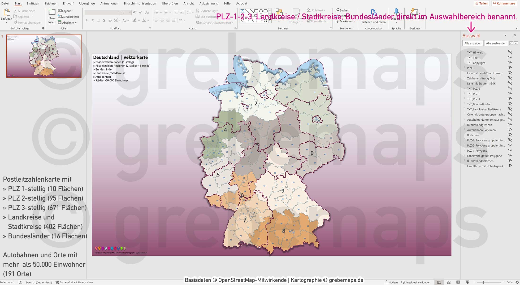 PowerPoint-Karte Deutschland Postleitzahlen PLZ-1-2-3 Bundesländer Landkreise Autobahnen Städte>50K Vektorkarte [Digital] – Bild 17