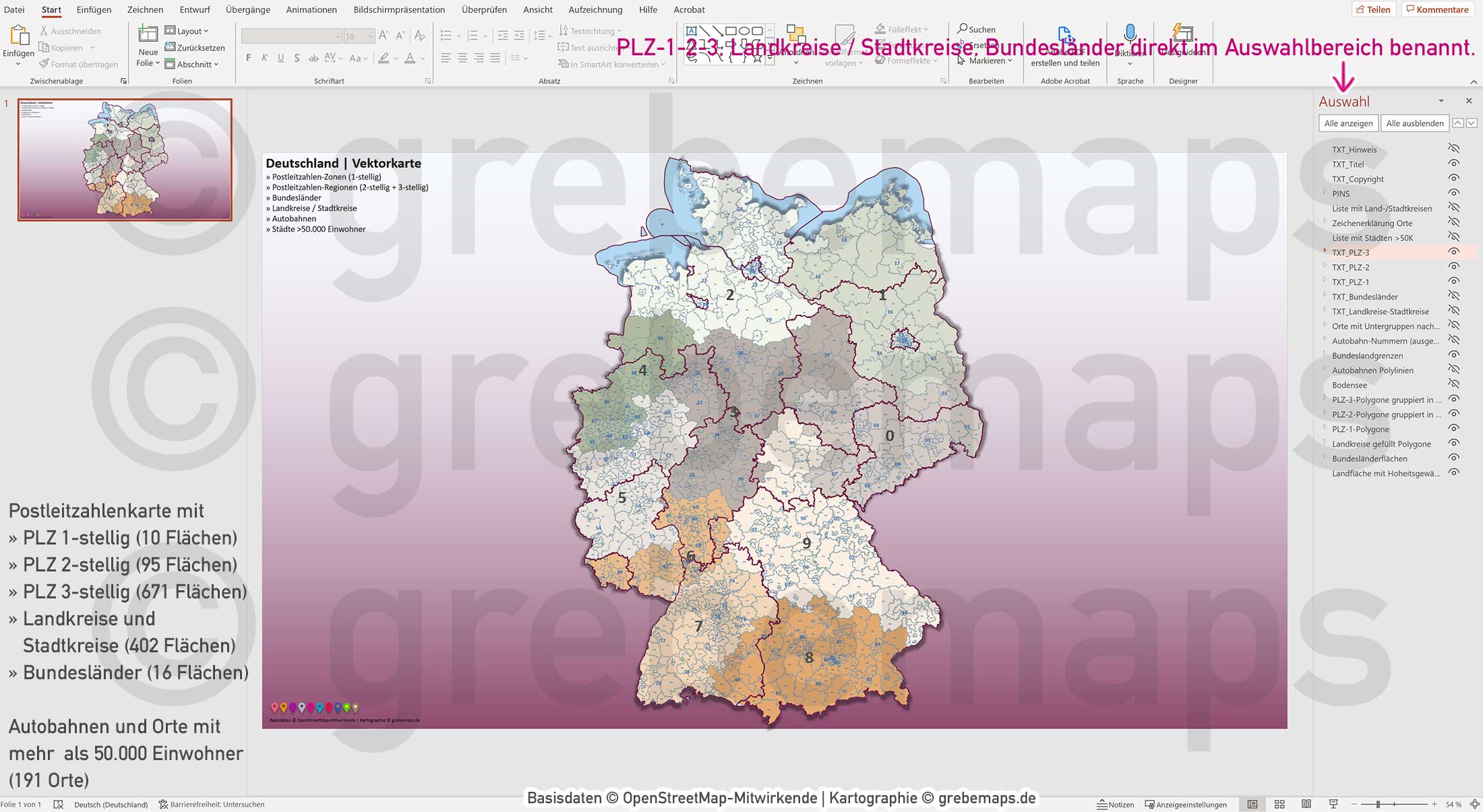 PowerPoint-Karte Deutschland Postleitzahlen PLZ-1-2-3 Bundesländer Landkreise Autobahnen Städte>50K Vektorkarte [Digital] – Bild 18