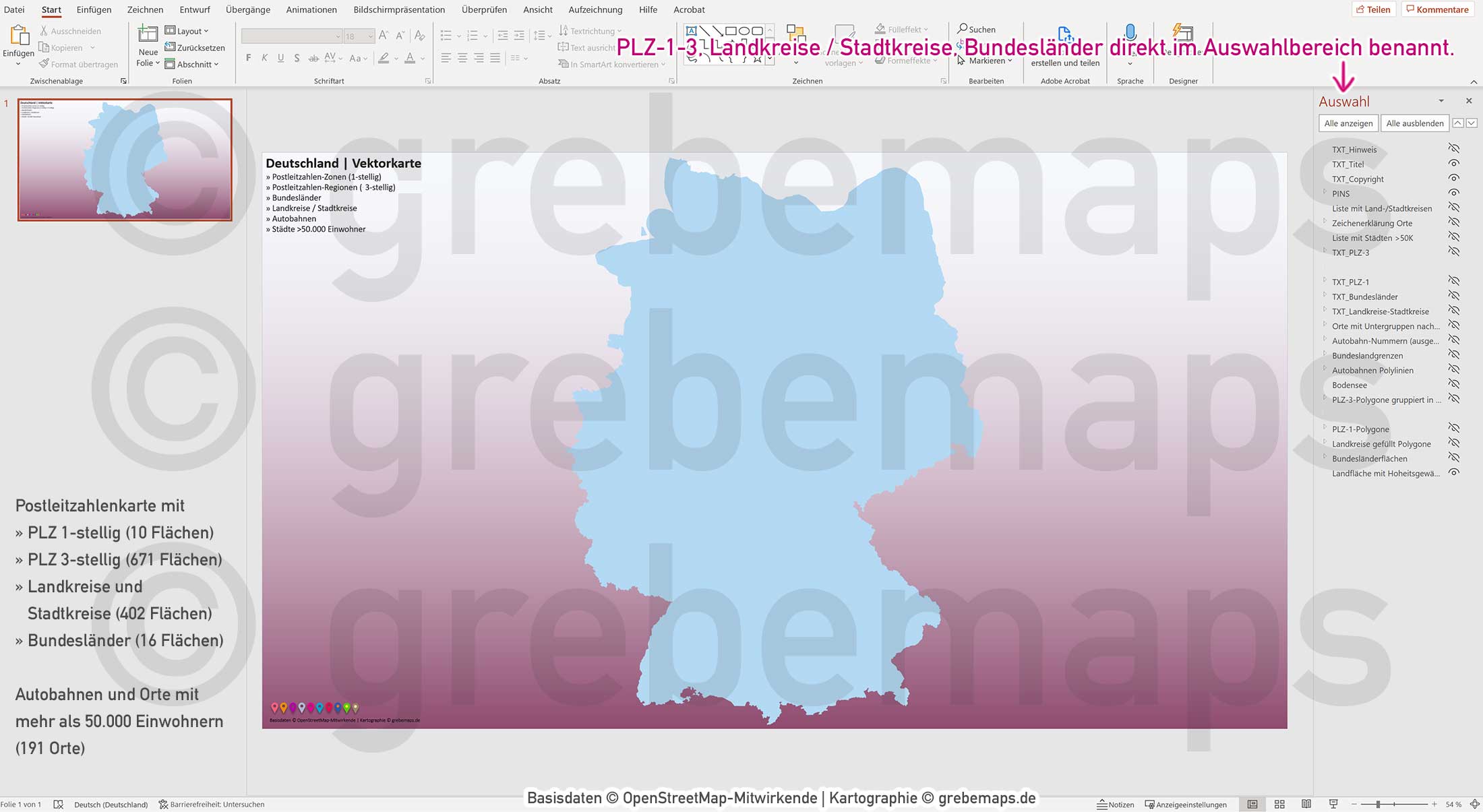 PowerPoint-Karte Deutschland Postleitzahlen PLZ-1-3 Bundesländer Landkreise Autobahnen Städte>50K Vektorkarte [Digital] – Bild 9