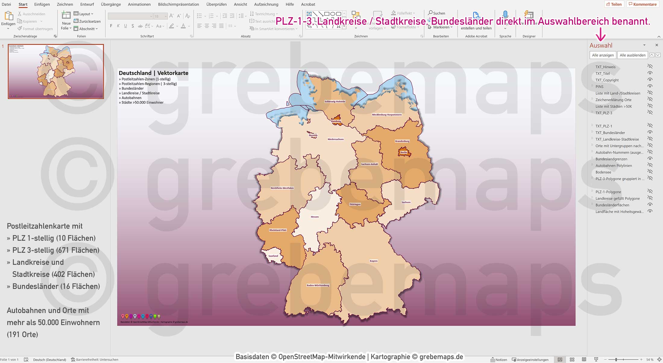 PowerPoint-Karte Deutschland Postleitzahlen PLZ-1-3 Bundesländer Landkreise Autobahnen Städte>50K Vektorkarte [Digital] – Bild 11