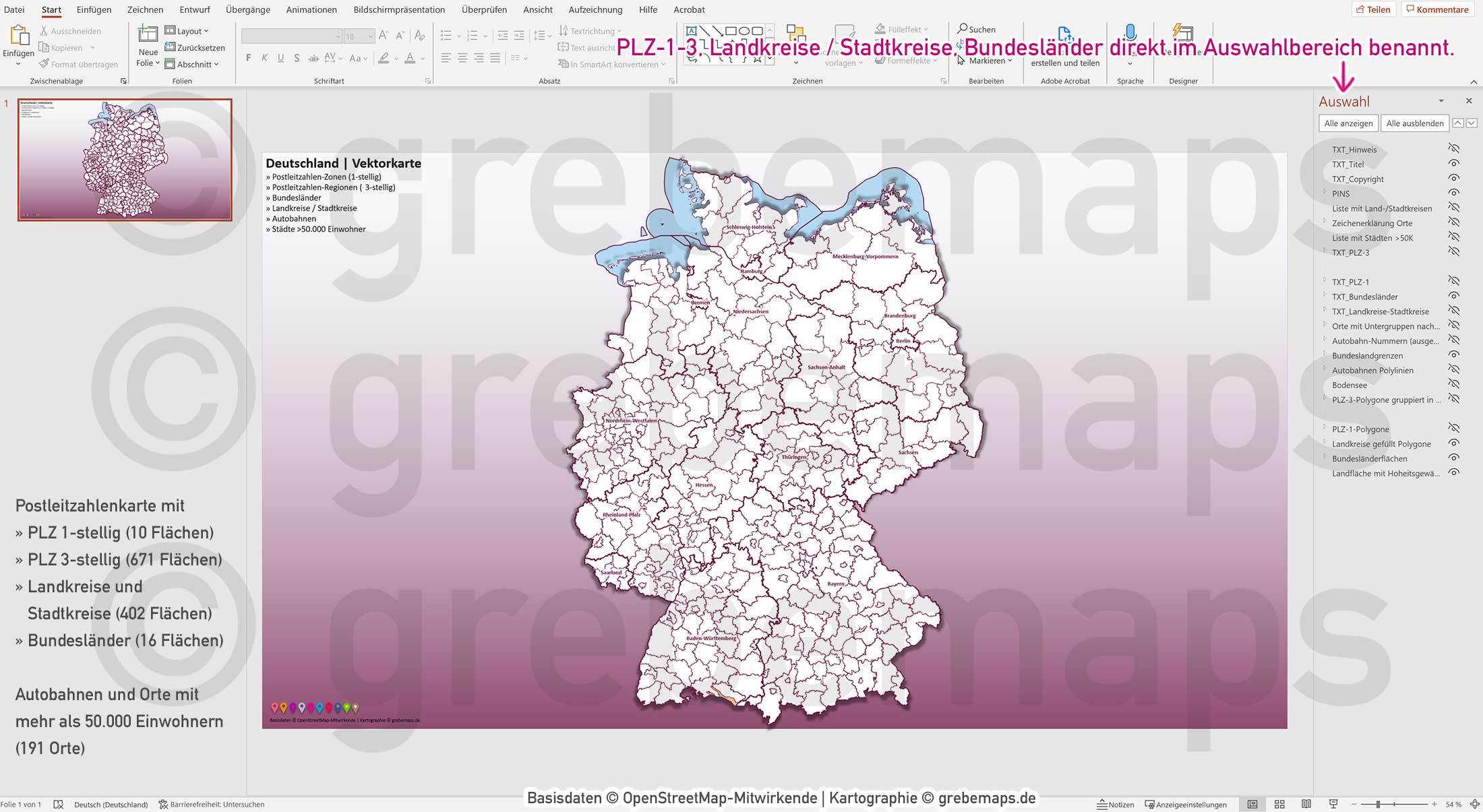 PowerPoint-Karte Deutschland Postleitzahlen PLZ-1-3 Bundesländer Landkreise Autobahnen Städte>50K Vektorkarte [Digital] – Bild 12