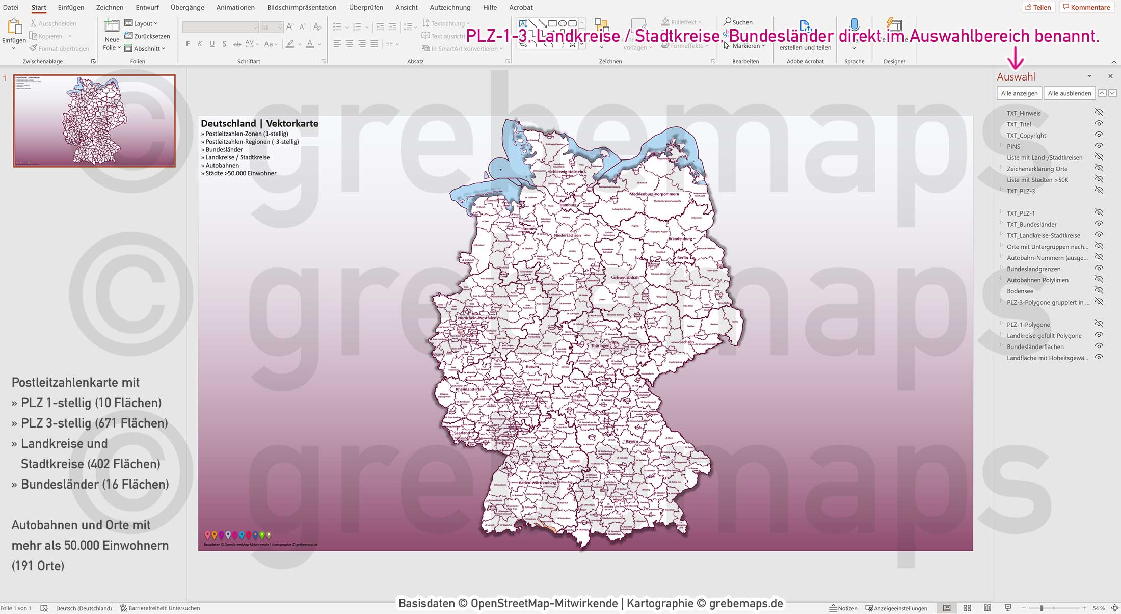 PowerPoint-Karte Deutschland Postleitzahlen PLZ-1-3 Bundesländer Landkreise Autobahnen Städte>50K Vektorkarte [Digital] – Bild 13