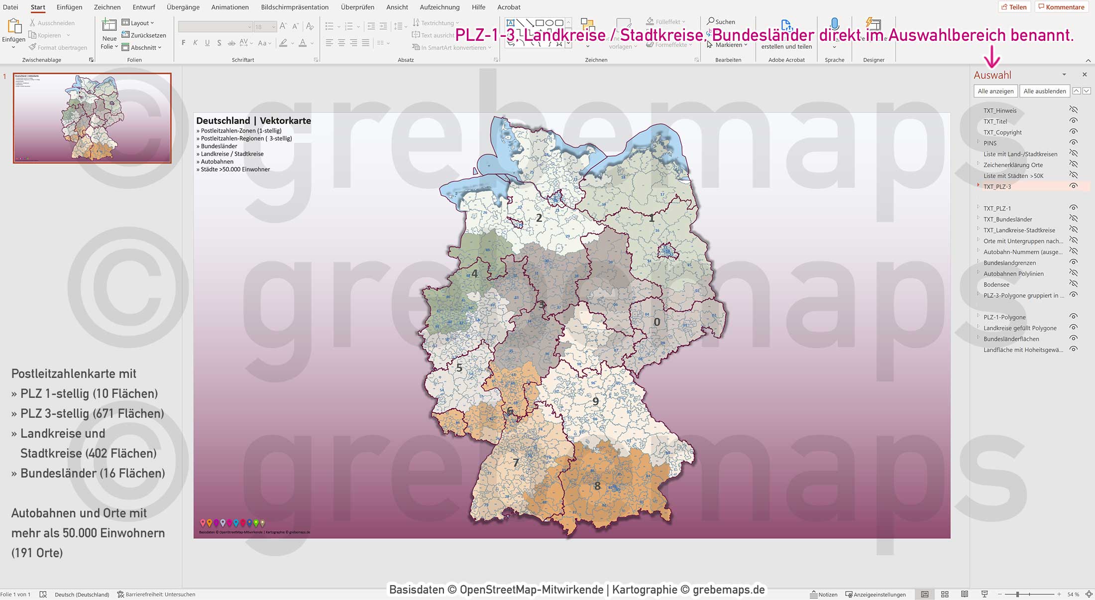 PowerPoint-Karte Deutschland Postleitzahlen PLZ-1-3 Bundesländer Landkreise Autobahnen Städte>50K Vektorkarte [Digital] – Bild 15