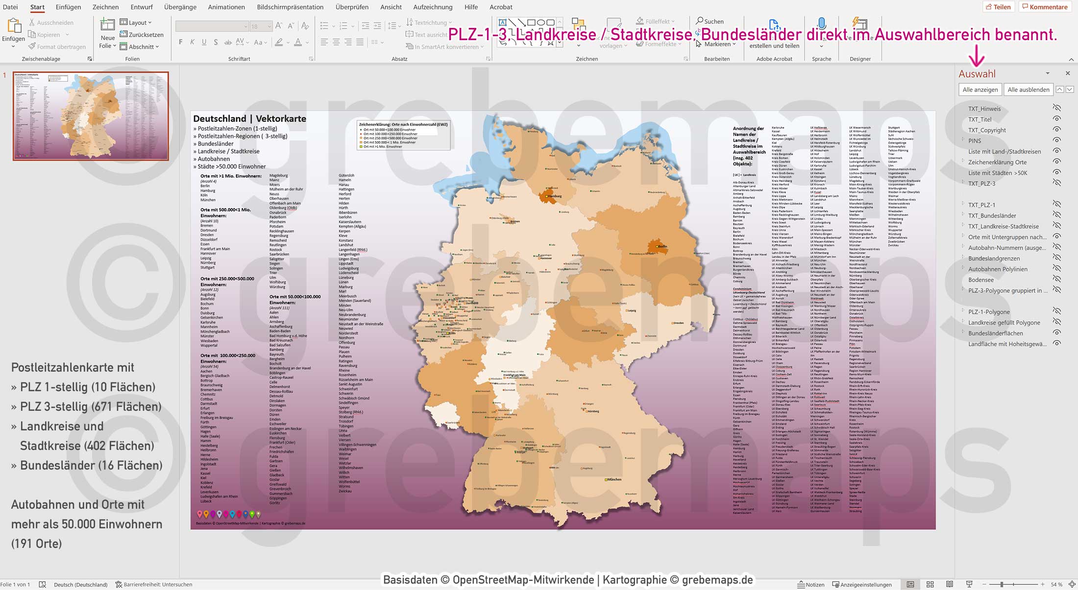 PowerPoint-Karte Deutschland Postleitzahlen PLZ-1-3 Bundesländer Landkreise Autobahnen Städte>50K Vektorkarte [Digital] – Bild 16