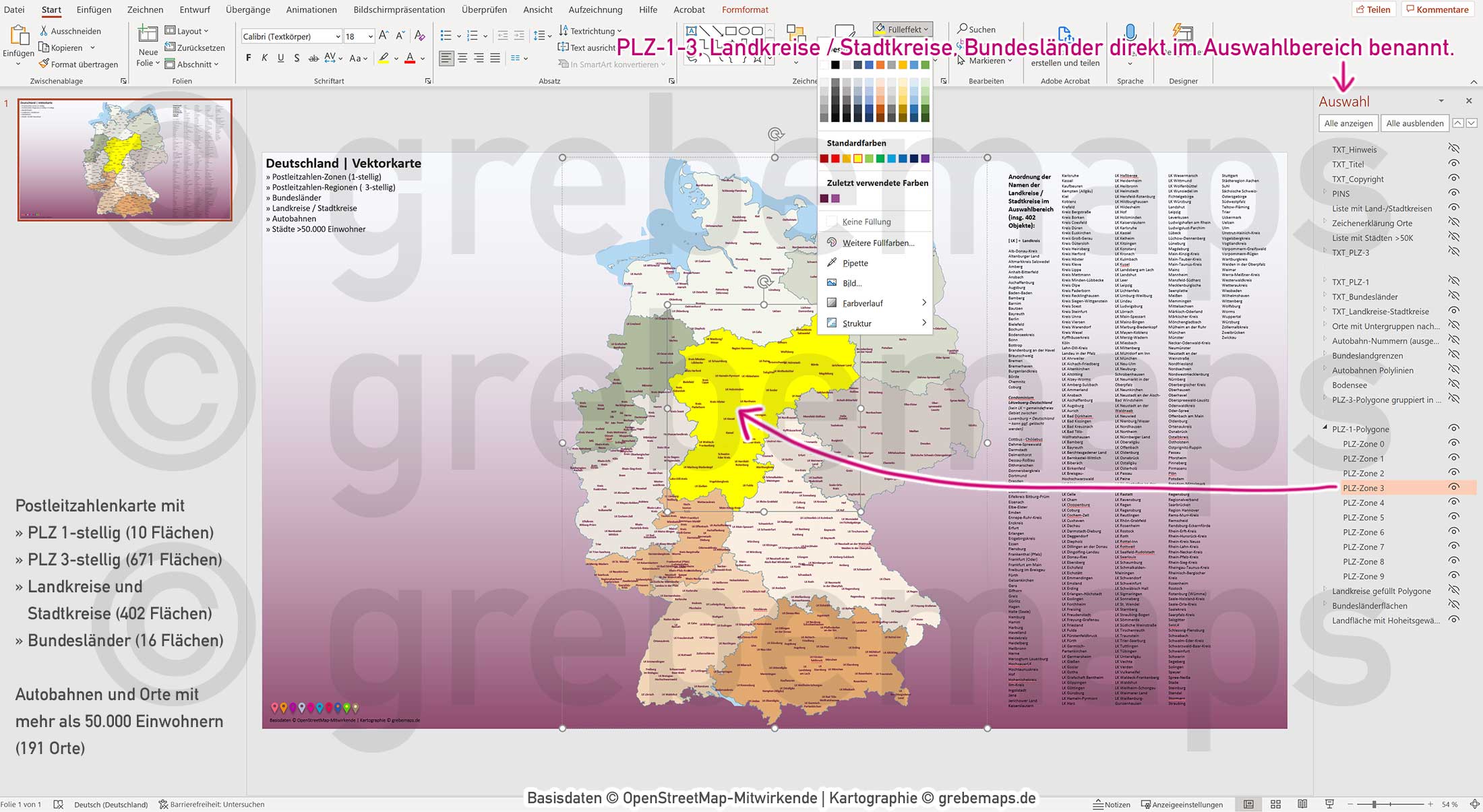 PowerPoint-Karte Deutschland Postleitzahlen PLZ-1-3 Bundesländer Landkreise Autobahnen Städte>50K Vektorkarte [Digital] – Bild 6