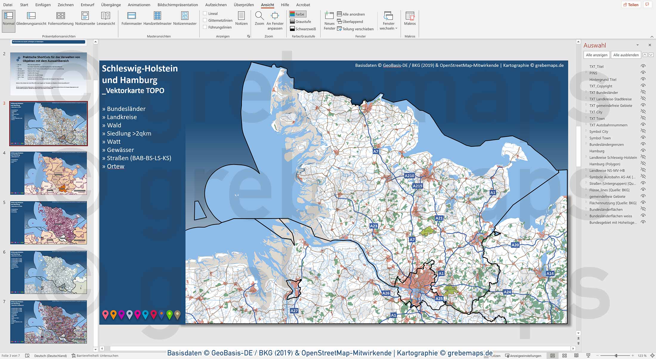 PowerPoint-Karte Schleswig-Holstein mit Hamburg Postleitzahlen PLZ-1-2-5 Gemeinden Landkreise / Basiskarte aus Vektordaten einfärbbar bearbeitbar - mit Deutschlandkarte [Digital] – Bild 6