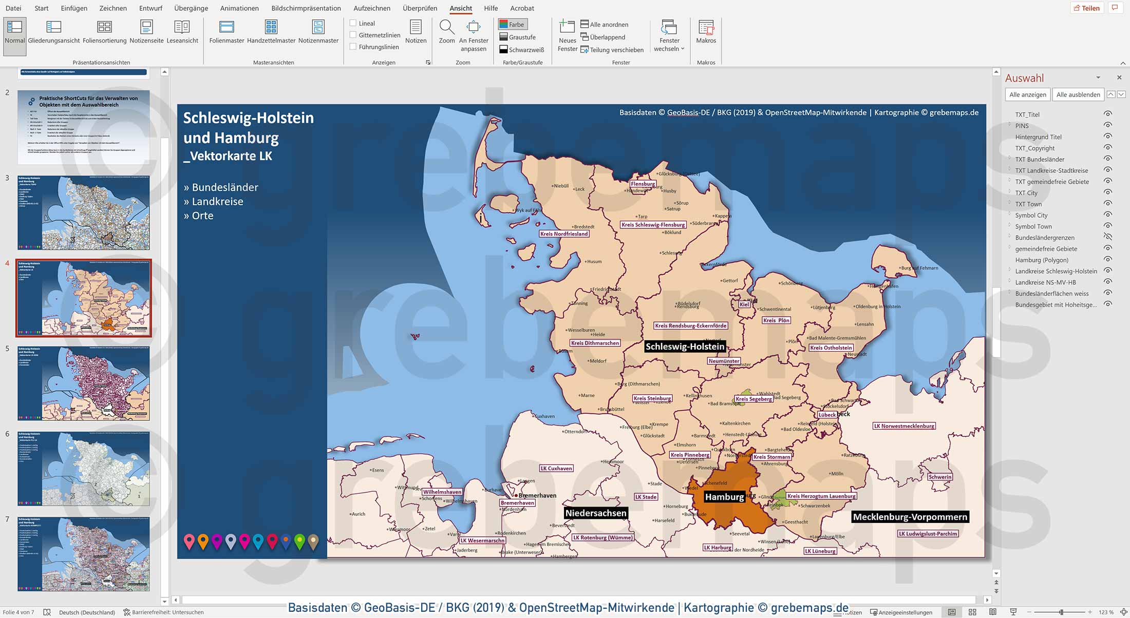 PowerPoint-Karte Schleswig-Holstein mit Hamburg Postleitzahlen PLZ-1-2-5 Gemeinden Landkreise / Basiskarte aus Vektordaten einfärbbar bearbeitbar - mit Deutschlandkarte [Digital] – Bild 7