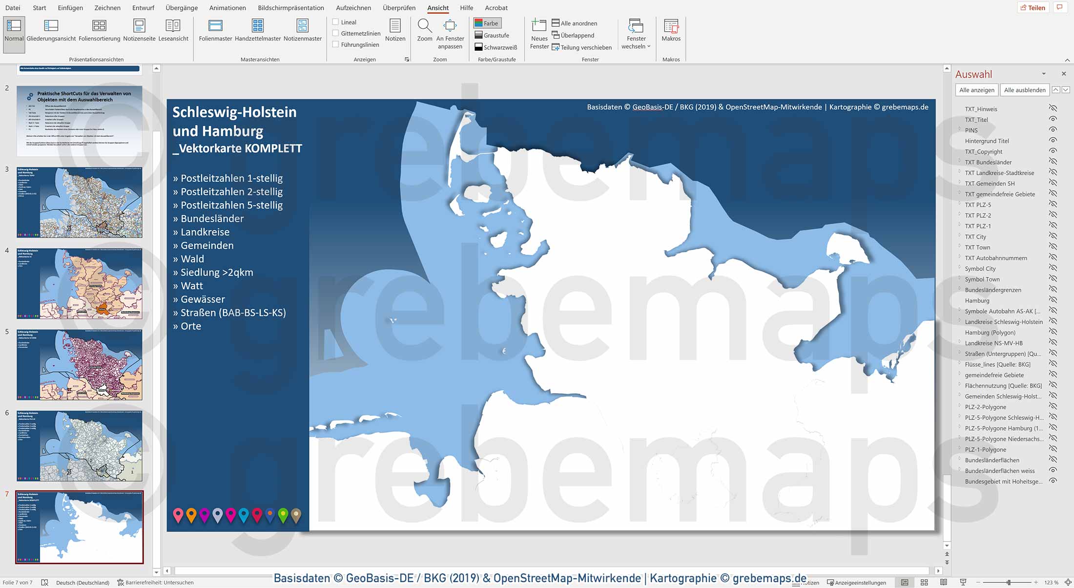 PowerPoint-Karte Schleswig-Holstein mit Hamburg Postleitzahlen PLZ-1-2-5 Gemeinden Landkreise / Basiskarte aus Vektordaten einfärbbar bearbeitbar - mit Deutschlandkarte [Digital] – Bild 11