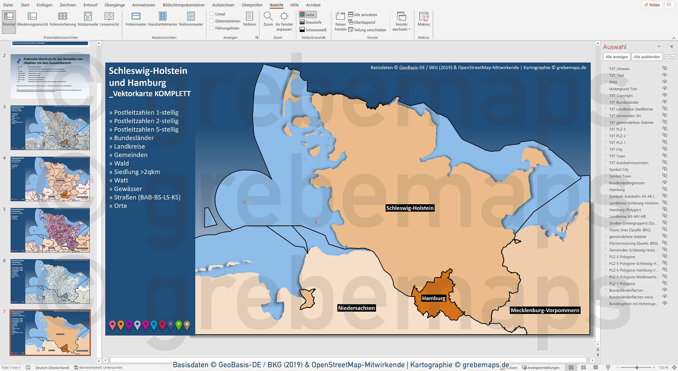 PowerPoint-Karte Schleswig-Holstein mit Hamburg Postleitzahlen PLZ-1-2-5 Gemeinden Landkreise / Basiskarte aus Vektordaten einfärbbar bearbeitbar - mit Deutschlandkarte [Digital] – Bild 12