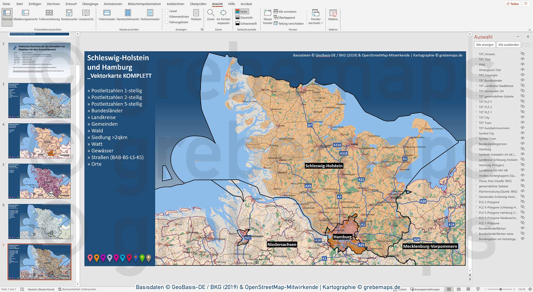 PowerPoint-Karte Schleswig-Holstein mit Hamburg Postleitzahlen PLZ-1-2-5 Gemeinden Landkreise / Basiskarte aus Vektordaten einfärbbar bearbeitbar - mit Deutschlandkarte [Digital] – Bild 21