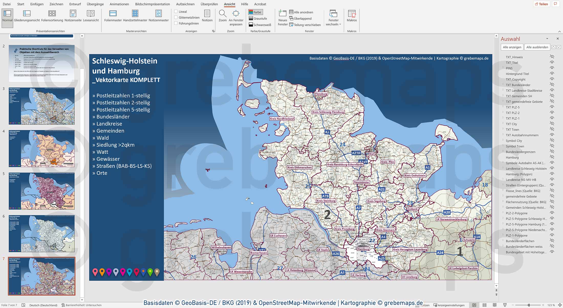 PowerPoint-Karte Schleswig-Holstein mit Hamburg Postleitzahlen PLZ-1-2-5 Gemeinden Landkreise / Basiskarte aus Vektordaten einfärbbar bearbeitbar - mit Deutschlandkarte [Digital] – Bild 26