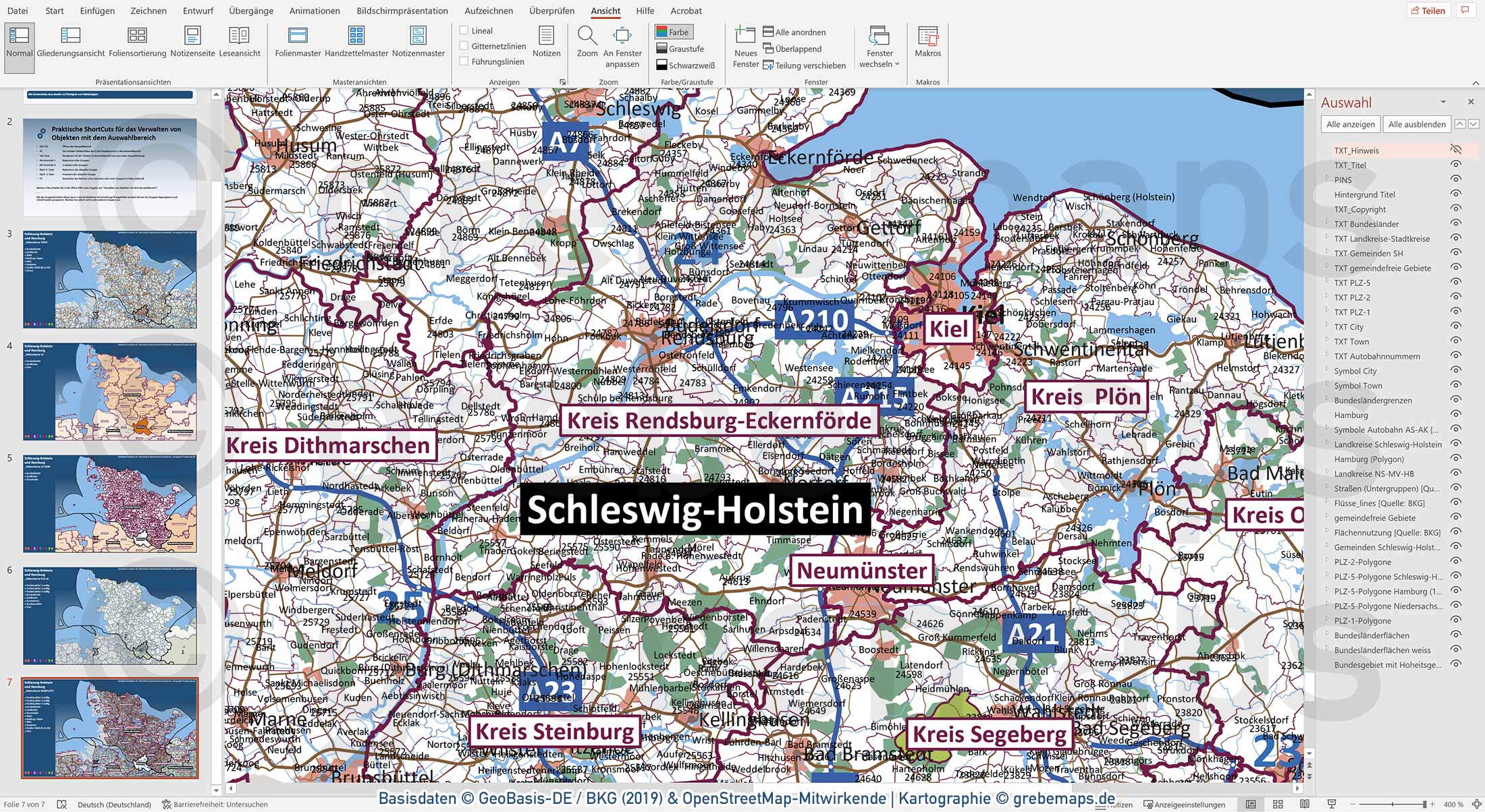 PowerPoint-Karte Schleswig-Holstein mit Hamburg Postleitzahlen PLZ-1-2-5 Gemeinden Landkreise / Basiskarte aus Vektordaten einfärbbar bearbeitbar - mit Deutschlandkarte [Digital] – Bild 28