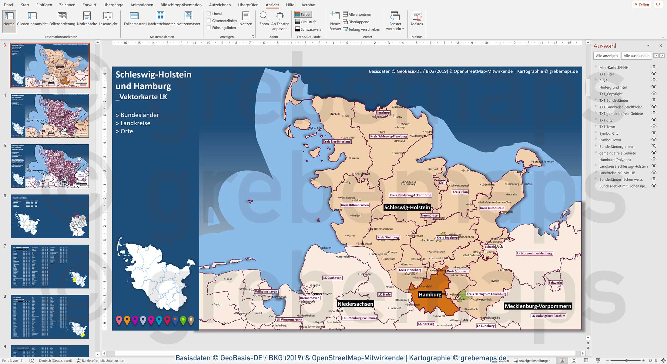 PowerPoint-Karte Schleswig-Holstein Gemeinden Landkreise / Basiskarte aus Vektordaten einfärbbar bearbeitbar - mit Deutschlandkarte [Digital] – Bild 5