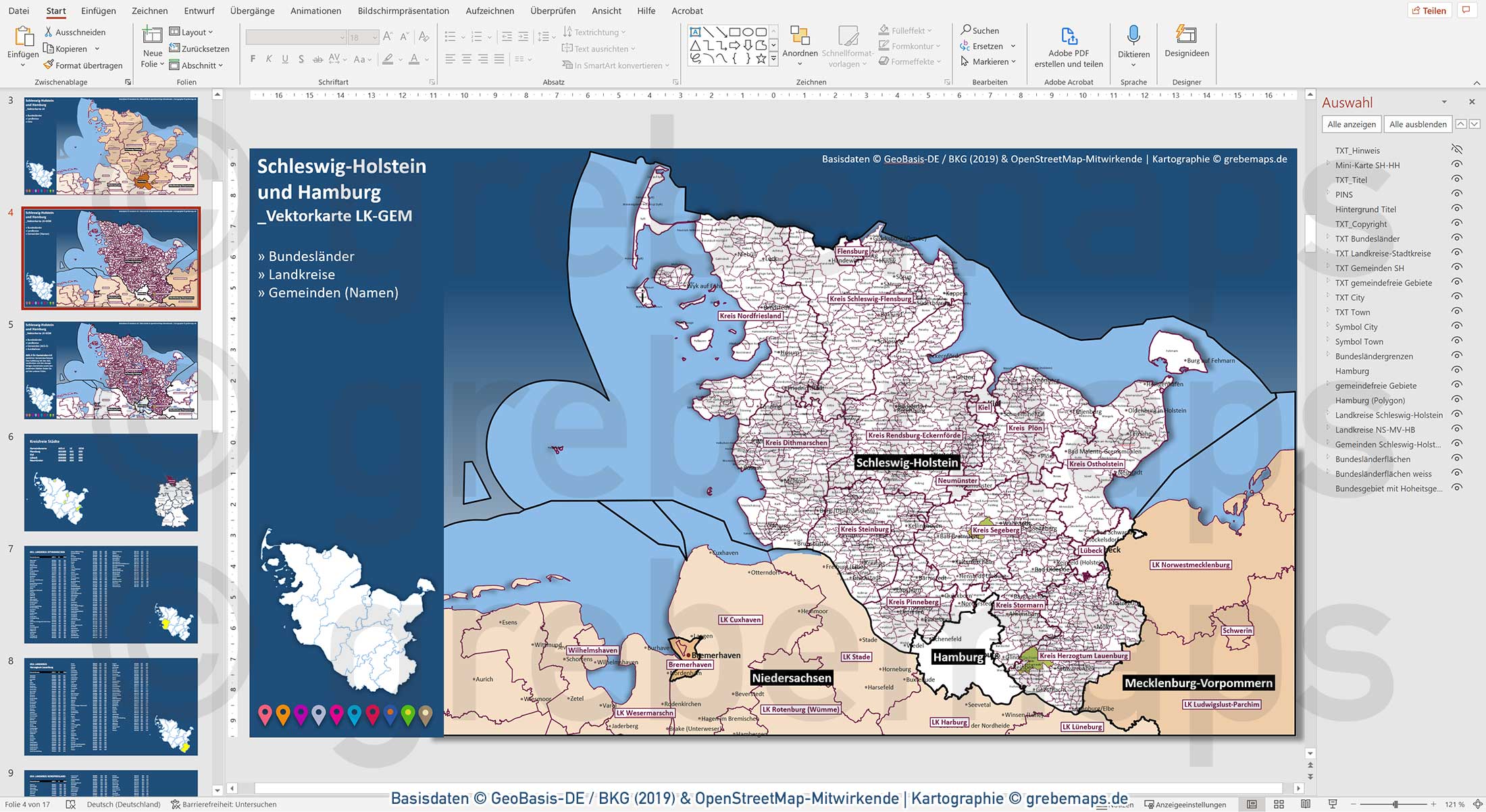 PowerPoint-Karte Schleswig-Holstein Gemeinden Landkreise / Basiskarte aus Vektordaten einfärbbar bearbeitbar - mit Deutschlandkarte [Digital] – Bild 7