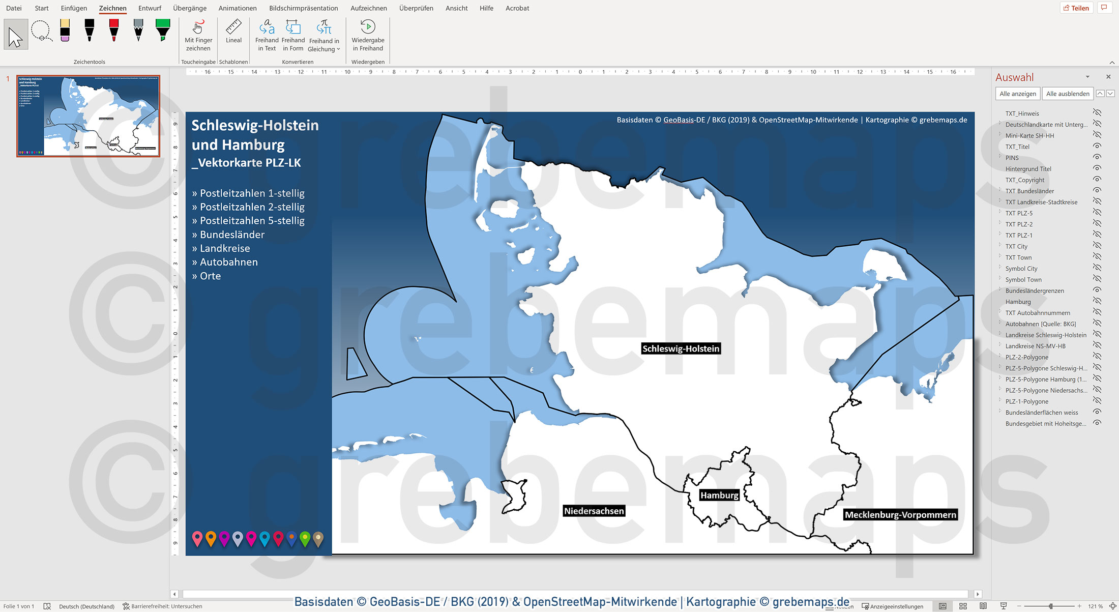 PowerPoint-Karte Schleswig-Holstein Hamburg Postleitzahlen 1-2-5-stellig Landkreise / Basiskarte aus Vektordaten einfärbbar bearbeitbar - mit Deutschlandkarte [Digital] – Bild 7