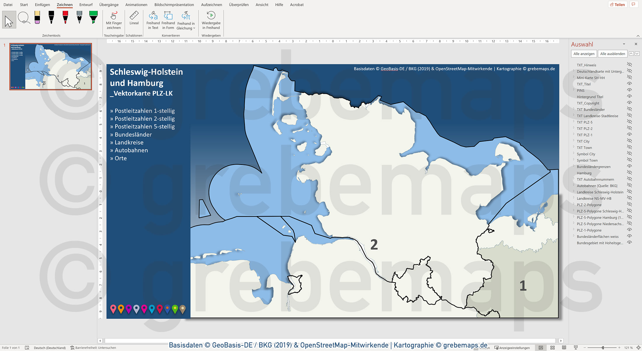 PowerPoint-Karte Schleswig-Holstein Hamburg Postleitzahlen 1-2-5-stellig Landkreise / Basiskarte aus Vektordaten einfärbbar bearbeitbar - mit Deutschlandkarte [Digital] – Bild 9
