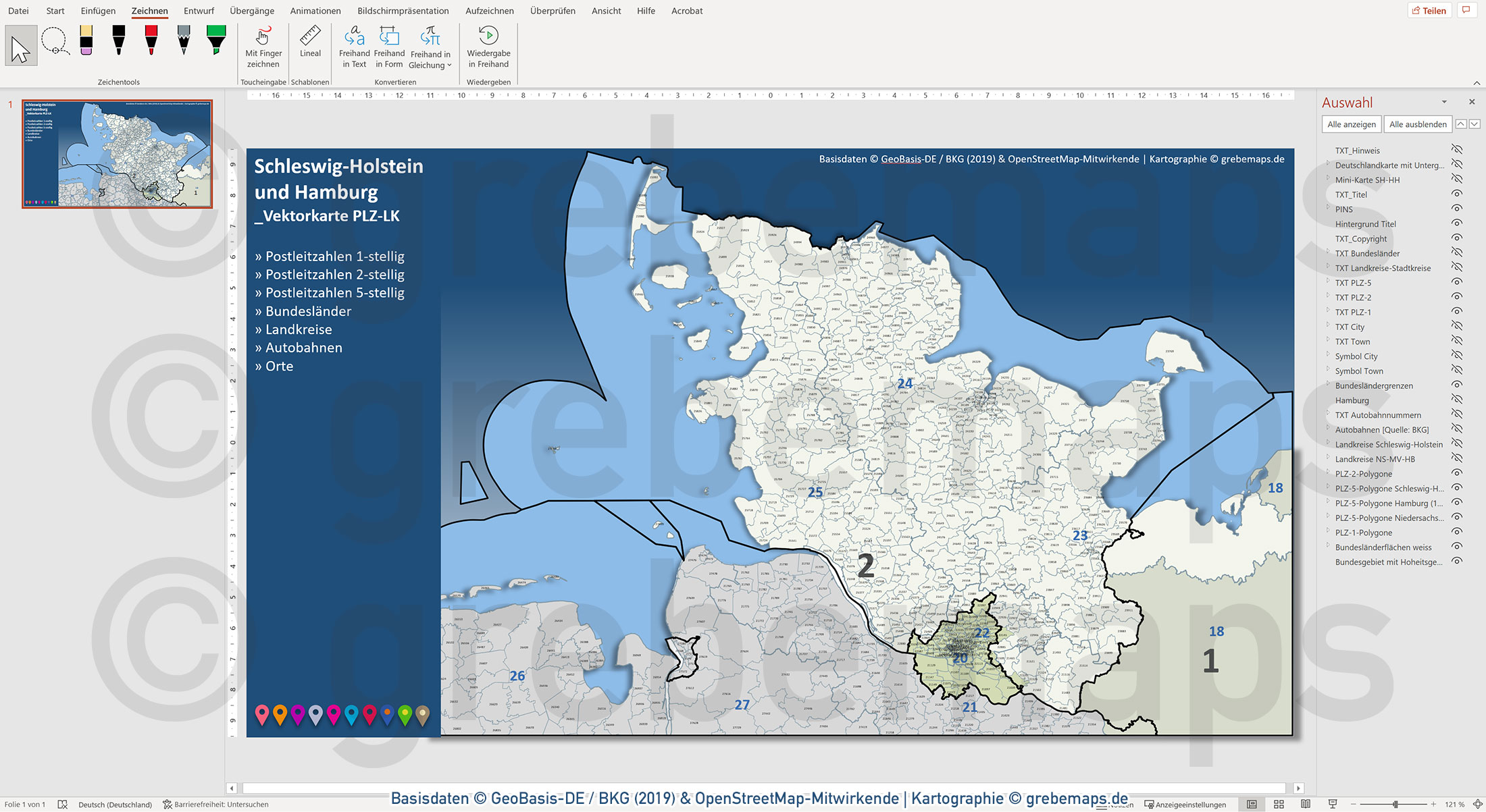 PowerPoint-Karte Schleswig-Holstein Hamburg Postleitzahlen 1-2-5-stellig Landkreise / Basiskarte aus Vektordaten einfärbbar bearbeitbar - mit Deutschlandkarte [Digital] – Bild 11
