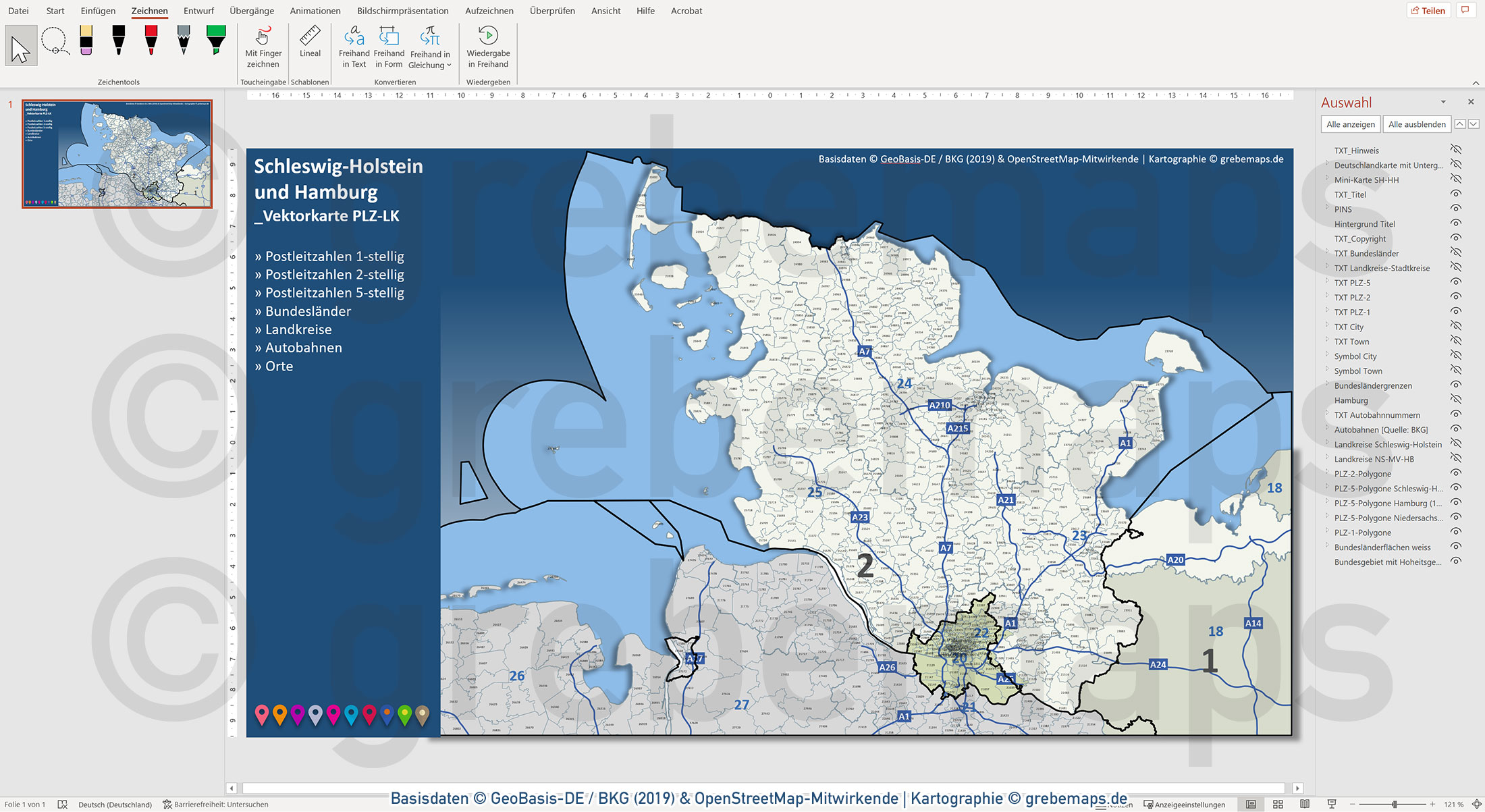 PowerPoint-Karte Schleswig-Holstein Hamburg Postleitzahlen 1-2-5-stellig Landkreise / Basiskarte aus Vektordaten einfärbbar bearbeitbar - mit Deutschlandkarte [Digital] – Bild 12