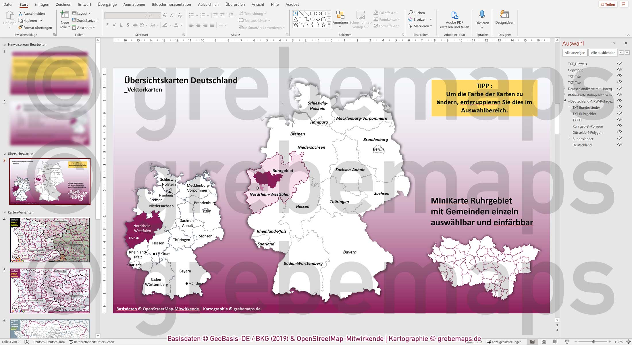 PowerPoint-Karte Ruhrgebiet mit Düsseldorf Postleitzahlen 1-2-5-stellig Gemeinden Landkreise Regierungsbezirke Autobahnen einfärbbar bearbeitbar download - mit Deutschlandkarte [Digital] – Bild 12