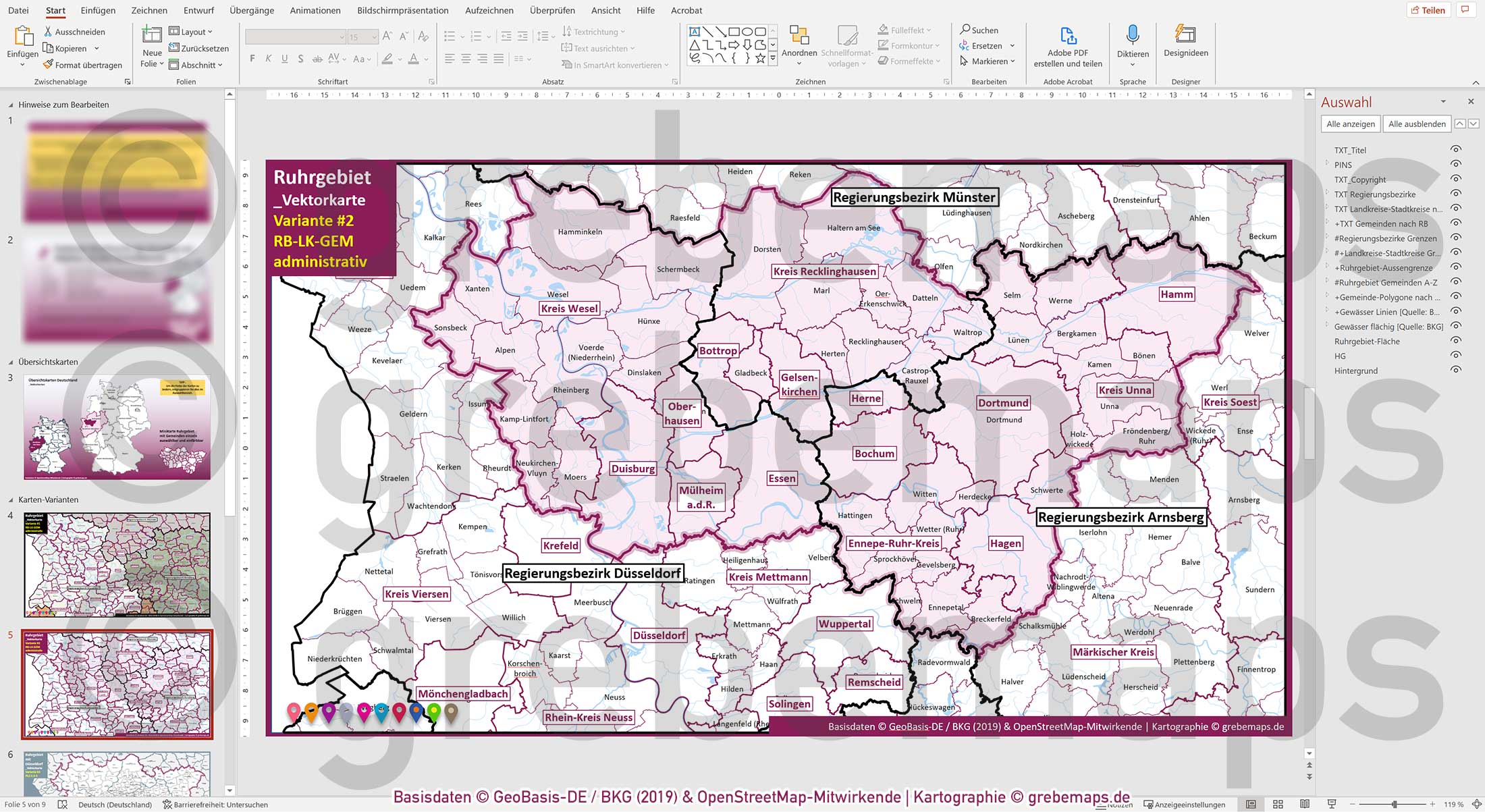 PowerPoint-Karte Ruhrgebiet mit Düsseldorf Postleitzahlen 1-2-5-stellig Gemeinden Landkreise Regierungsbezirke Autobahnen einfärbbar bearbeitbar download - mit Deutschlandkarte [Digital] – Bild 14