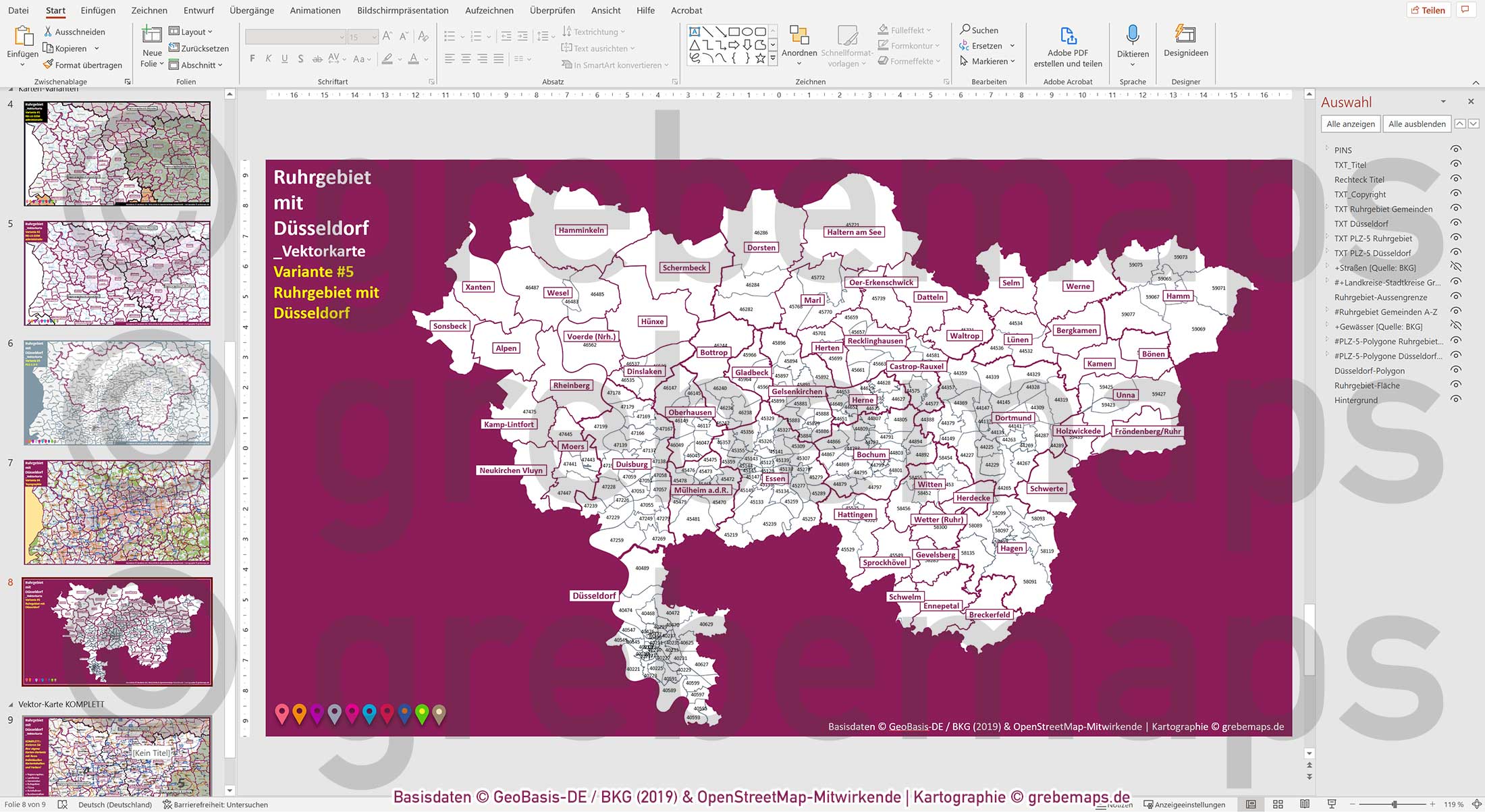 PowerPoint-Karte Ruhrgebiet mit Düsseldorf Postleitzahlen 1-2-5-stellig Gemeinden Landkreise Regierungsbezirke Autobahnen einfärbbar bearbeitbar download - mit Deutschlandkarte [Digital] – Bild 17