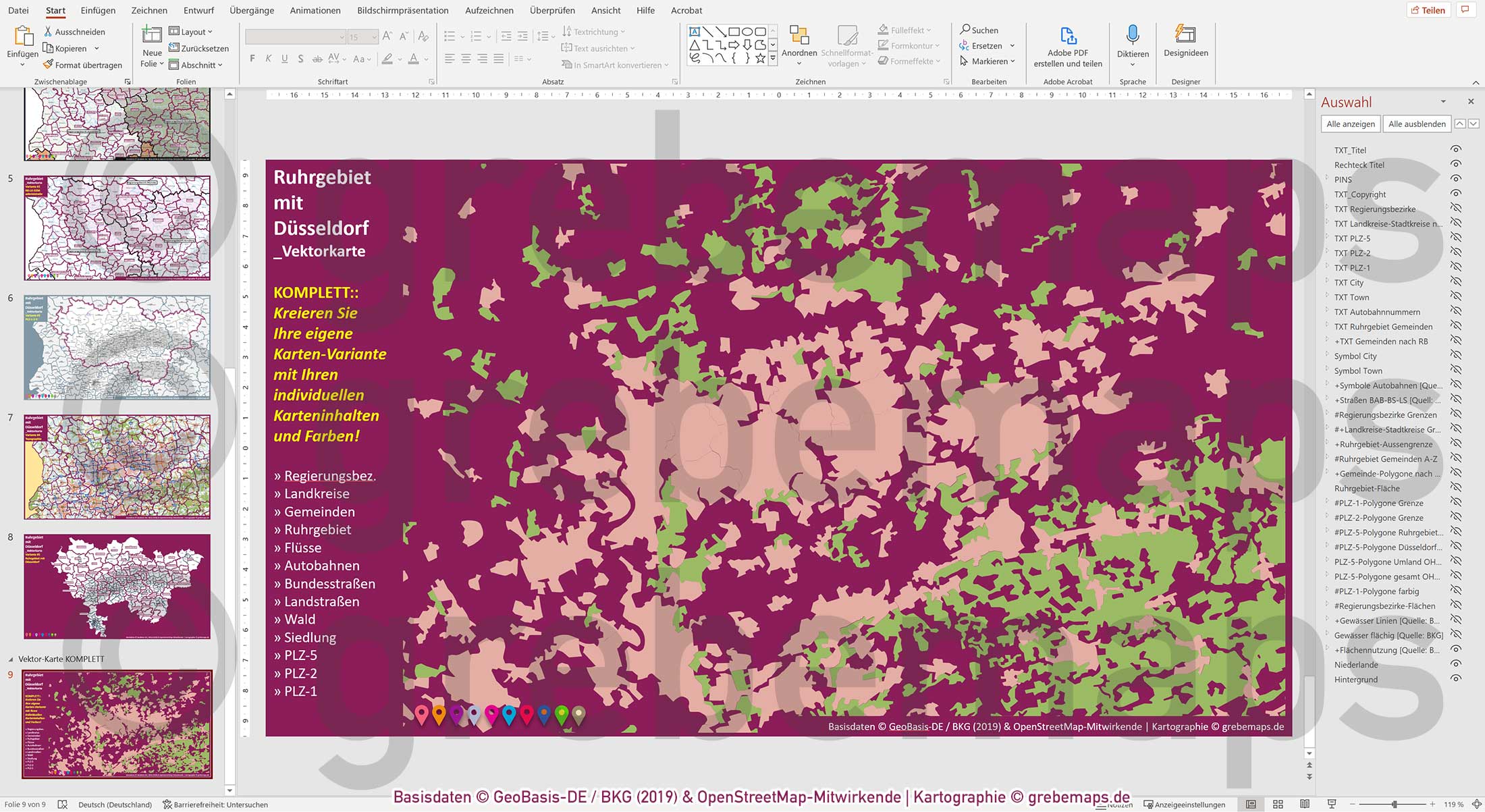 PowerPoint-Karte Ruhrgebiet mit Düsseldorf Postleitzahlen 1-2-5-stellig Gemeinden Landkreise Regierungsbezirke Autobahnen einfärbbar bearbeitbar download - mit Deutschlandkarte [Digital] – Bild 19