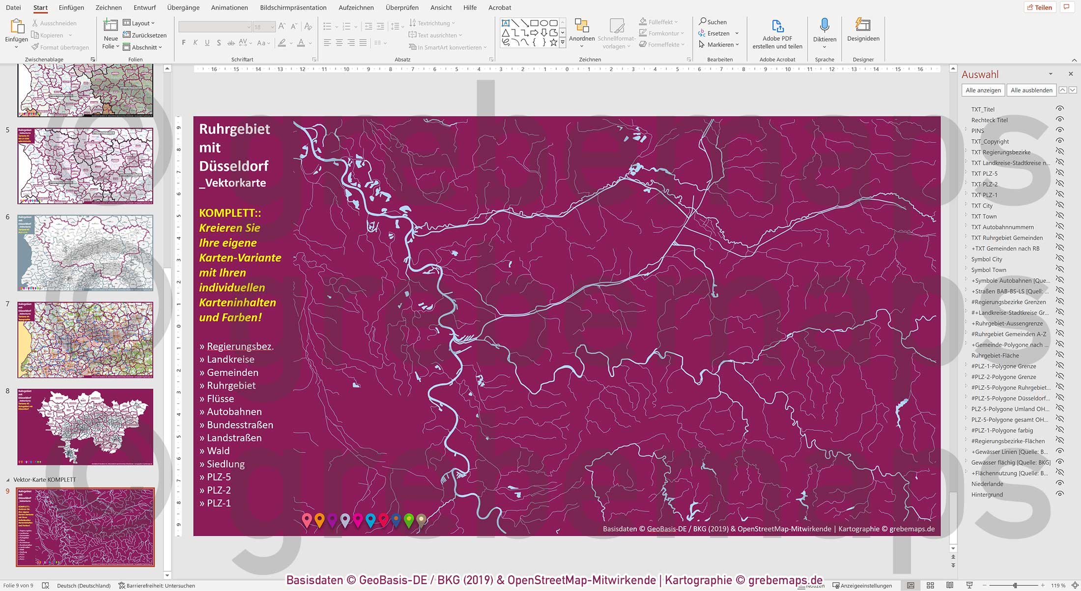 PowerPoint-Karte Ruhrgebiet mit Düsseldorf Postleitzahlen 1-2-5-stellig Gemeinden Landkreise Regierungsbezirke Autobahnen einfärbbar bearbeitbar download - mit Deutschlandkarte [Digital] – Bild 20