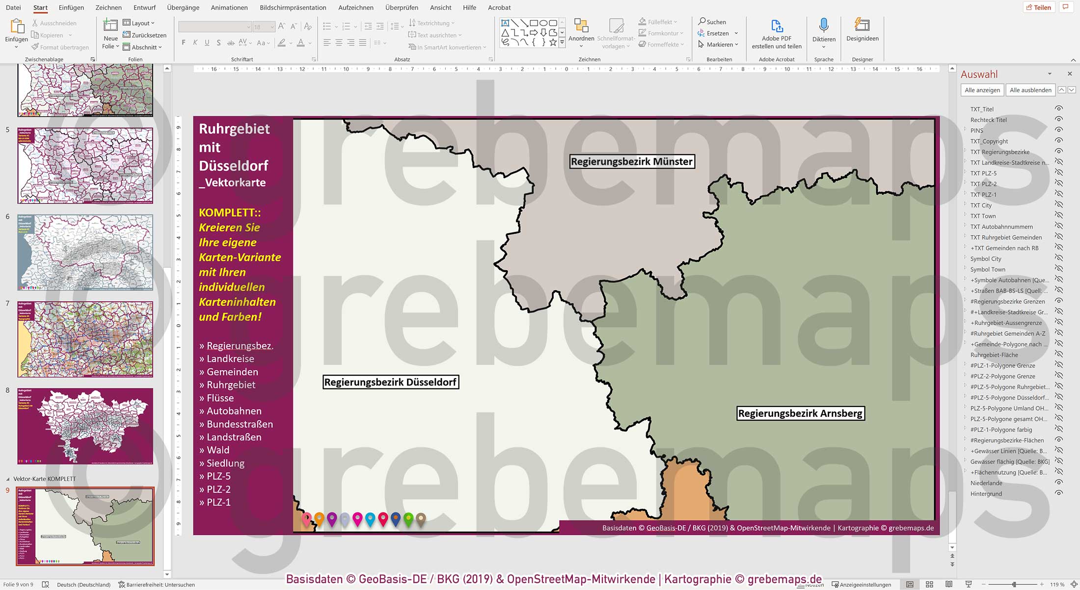 PowerPoint-Karte Ruhrgebiet mit Düsseldorf Postleitzahlen 1-2-5-stellig Gemeinden Landkreise Regierungsbezirke Autobahnen einfärbbar bearbeitbar download - mit Deutschlandkarte [Digital] – Bild 21