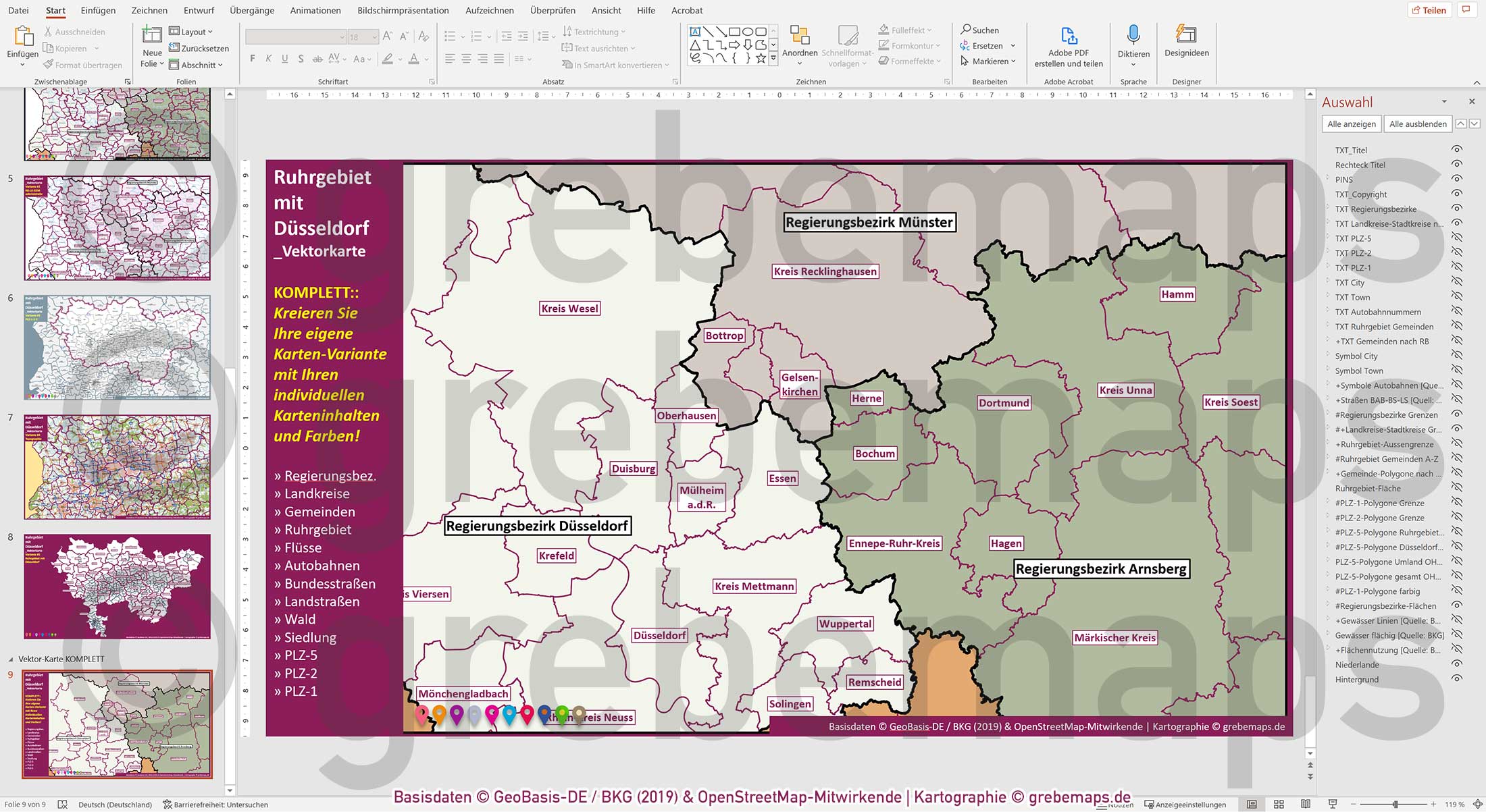 PowerPoint-Karte Ruhrgebiet mit Düsseldorf Postleitzahlen 1-2-5-stellig Gemeinden Landkreise Regierungsbezirke Autobahnen einfärbbar bearbeitbar download - mit Deutschlandkarte [Digital] – Bild 22