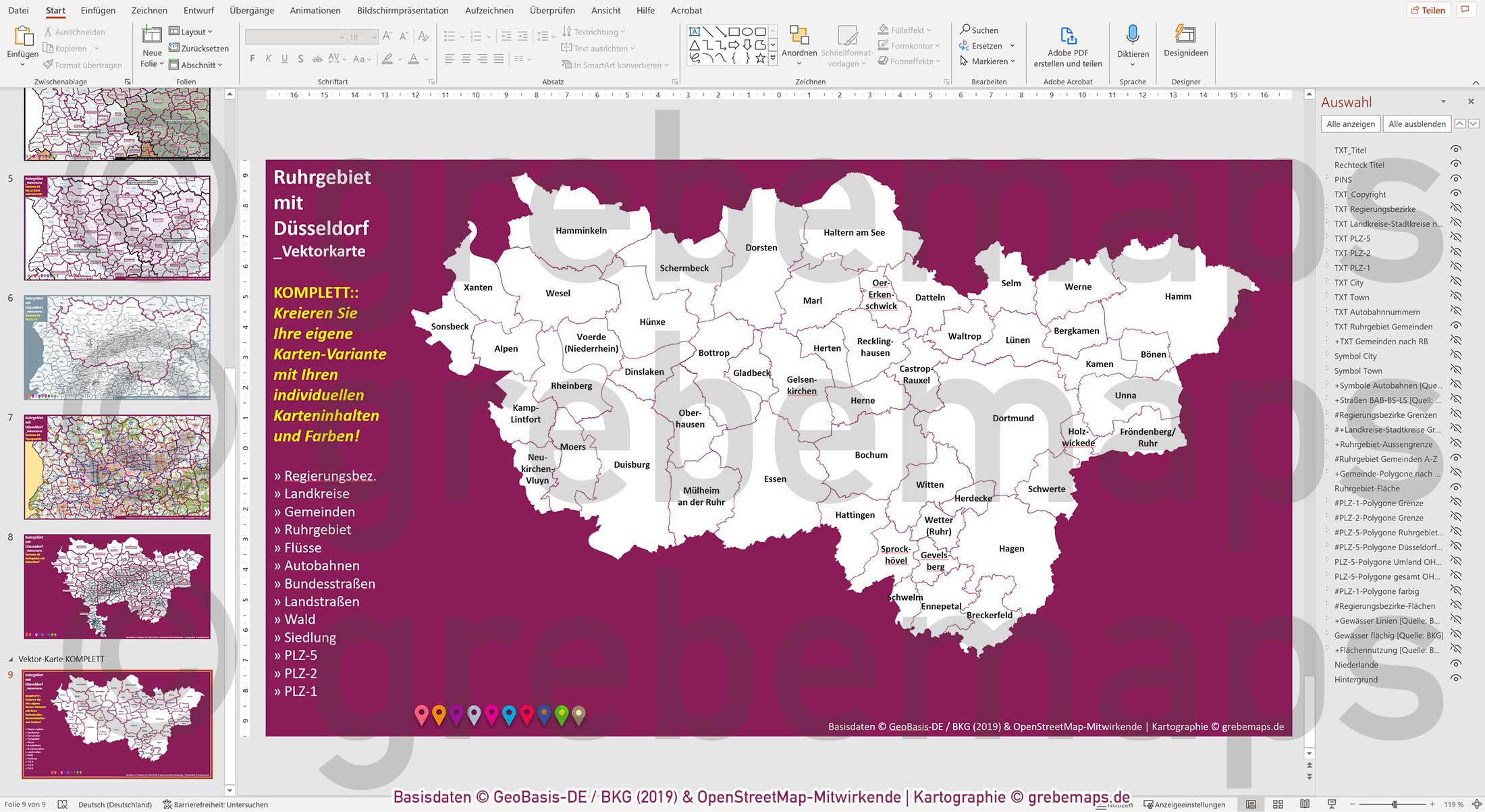 PowerPoint-Karte Ruhrgebiet mit Düsseldorf Postleitzahlen 1-2-5-stellig Gemeinden Landkreise Regierungsbezirke Autobahnen einfärbbar bearbeitbar download - mit Deutschlandkarte [Digital] – Bild 23