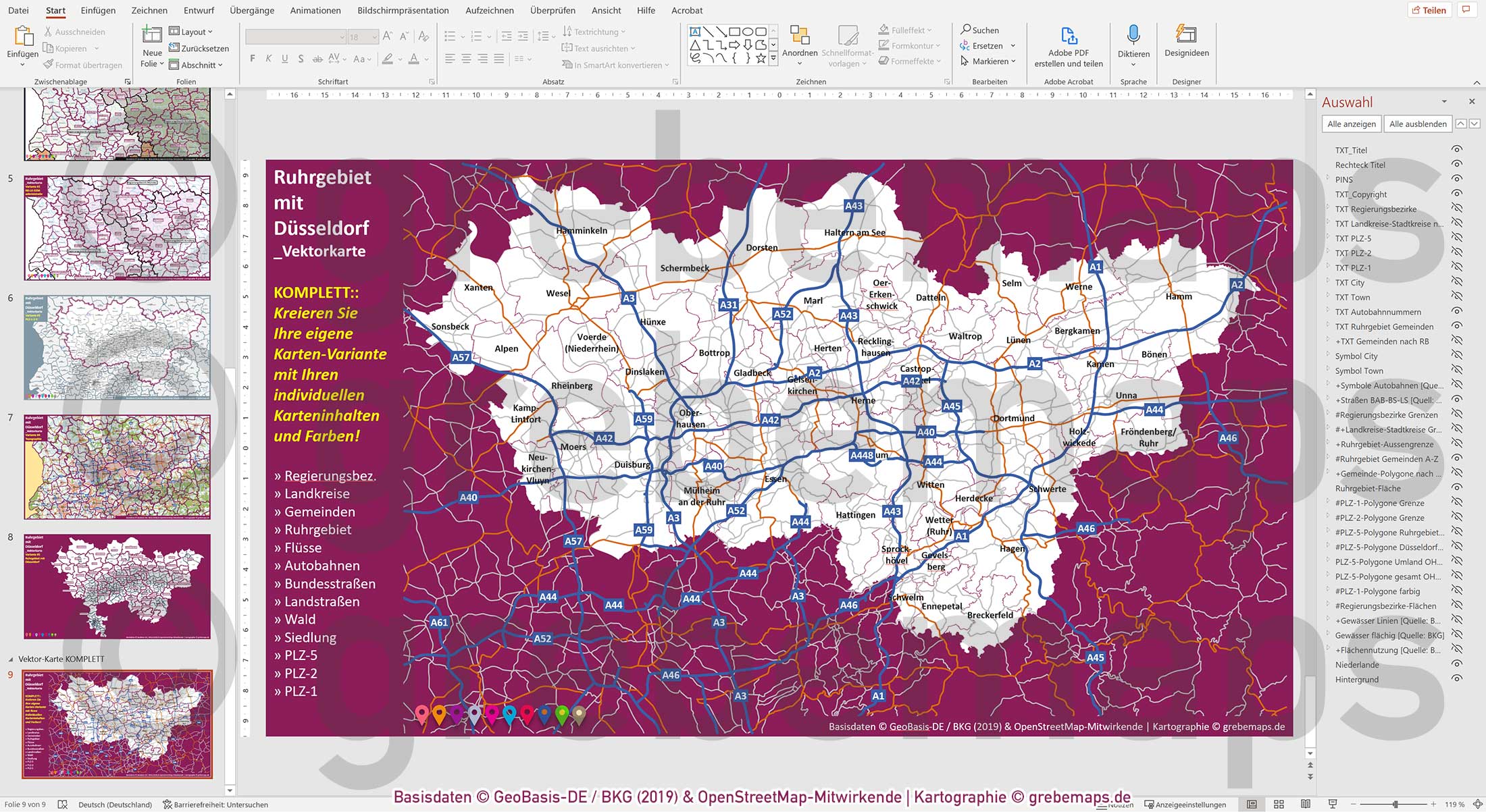 PowerPoint-Karte Ruhrgebiet mit Düsseldorf Postleitzahlen 1-2-5-stellig Gemeinden Landkreise Regierungsbezirke Autobahnen einfärbbar bearbeitbar download - mit Deutschlandkarte [Digital] – Bild 24