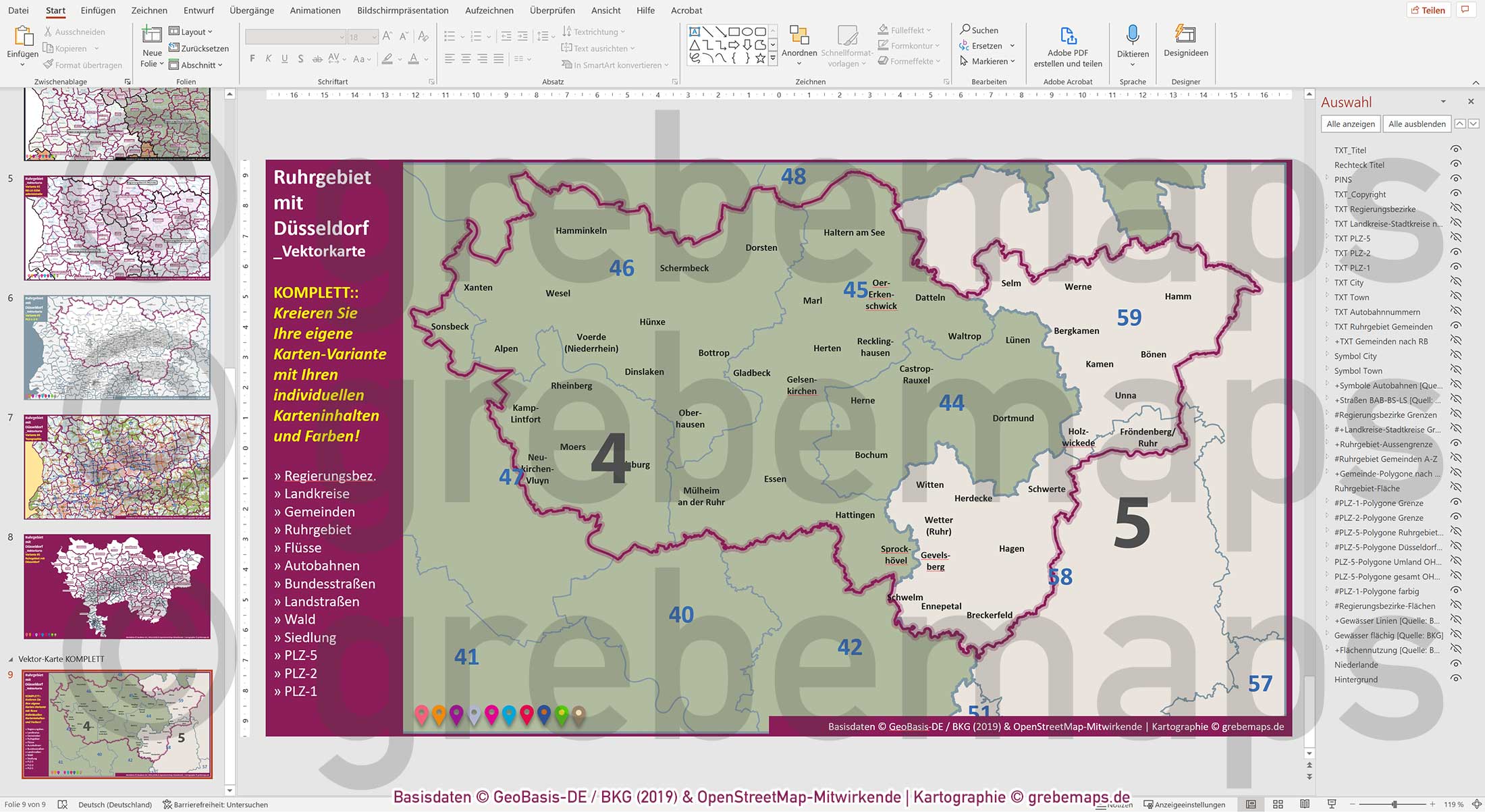 PowerPoint-Karte Ruhrgebiet mit Düsseldorf Postleitzahlen 1-2-5-stellig Gemeinden Landkreise Regierungsbezirke Autobahnen einfärbbar bearbeitbar download - mit Deutschlandkarte [Digital] – Bild 26