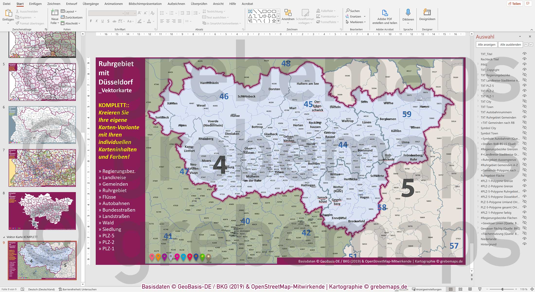 PowerPoint-Karte Ruhrgebiet mit Düsseldorf Postleitzahlen 1-2-5-stellig Gemeinden Landkreise Regierungsbezirke Autobahnen einfärbbar bearbeitbar download - mit Deutschlandkarte [Digital] – Bild 27