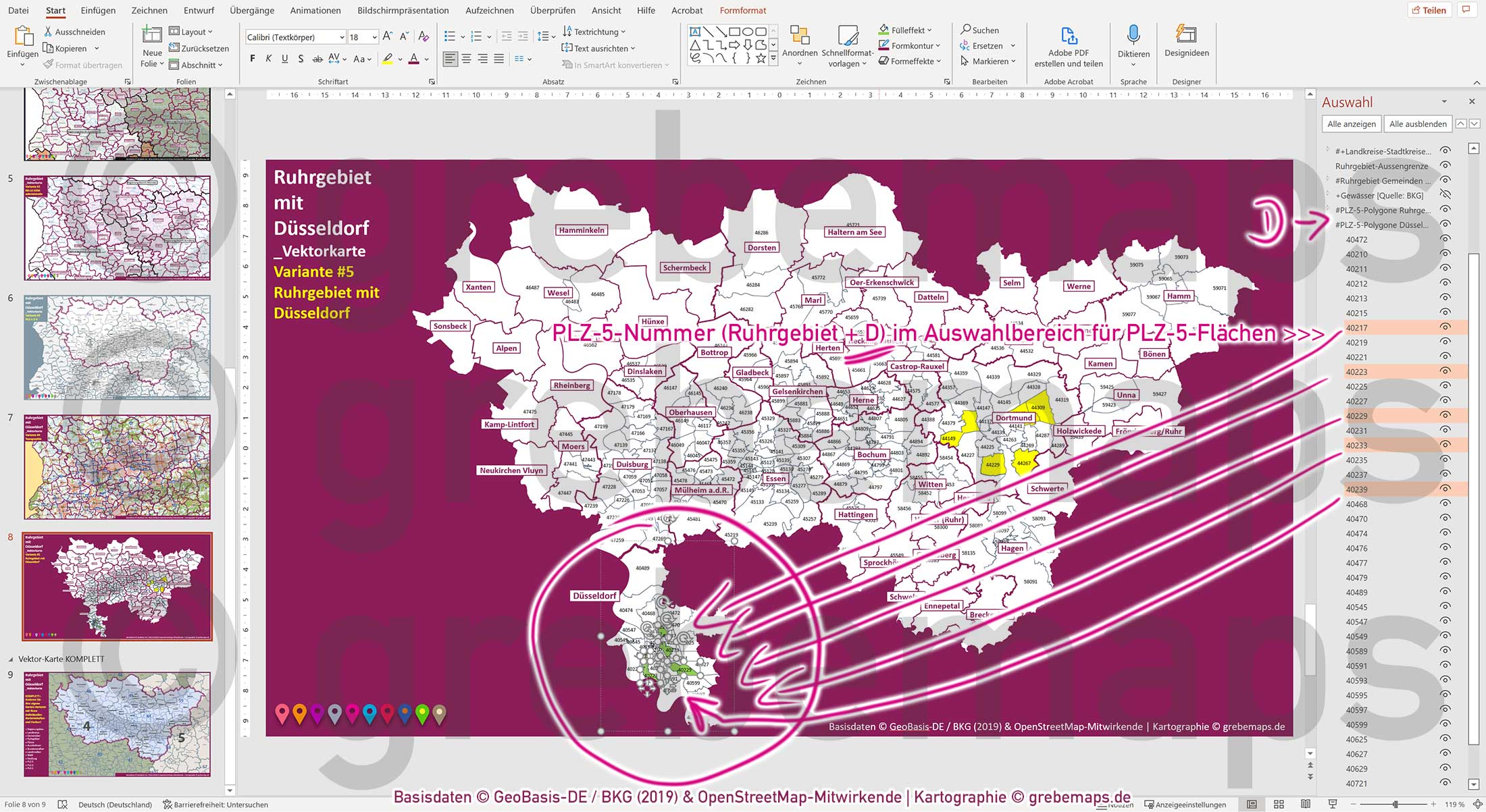 PowerPoint-Karte Ruhrgebiet mit Düsseldorf Postleitzahlen 1-2-5-stellig Gemeinden Landkreise Regierungsbezirke Autobahnen einfärbbar bearbeitbar download - mit Deutschlandkarte [Digital] – Bild 9
