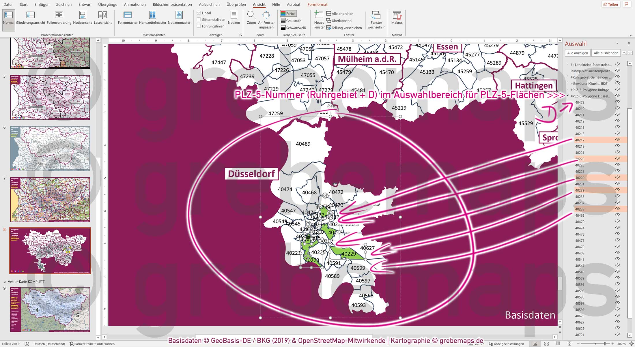 PowerPoint-Karte Ruhrgebiet mit Düsseldorf Postleitzahlen 1-2-5-stellig Gemeinden Landkreise Regierungsbezirke Autobahnen einfärbbar bearbeitbar download - mit Deutschlandkarte [Digital] – Bild 10