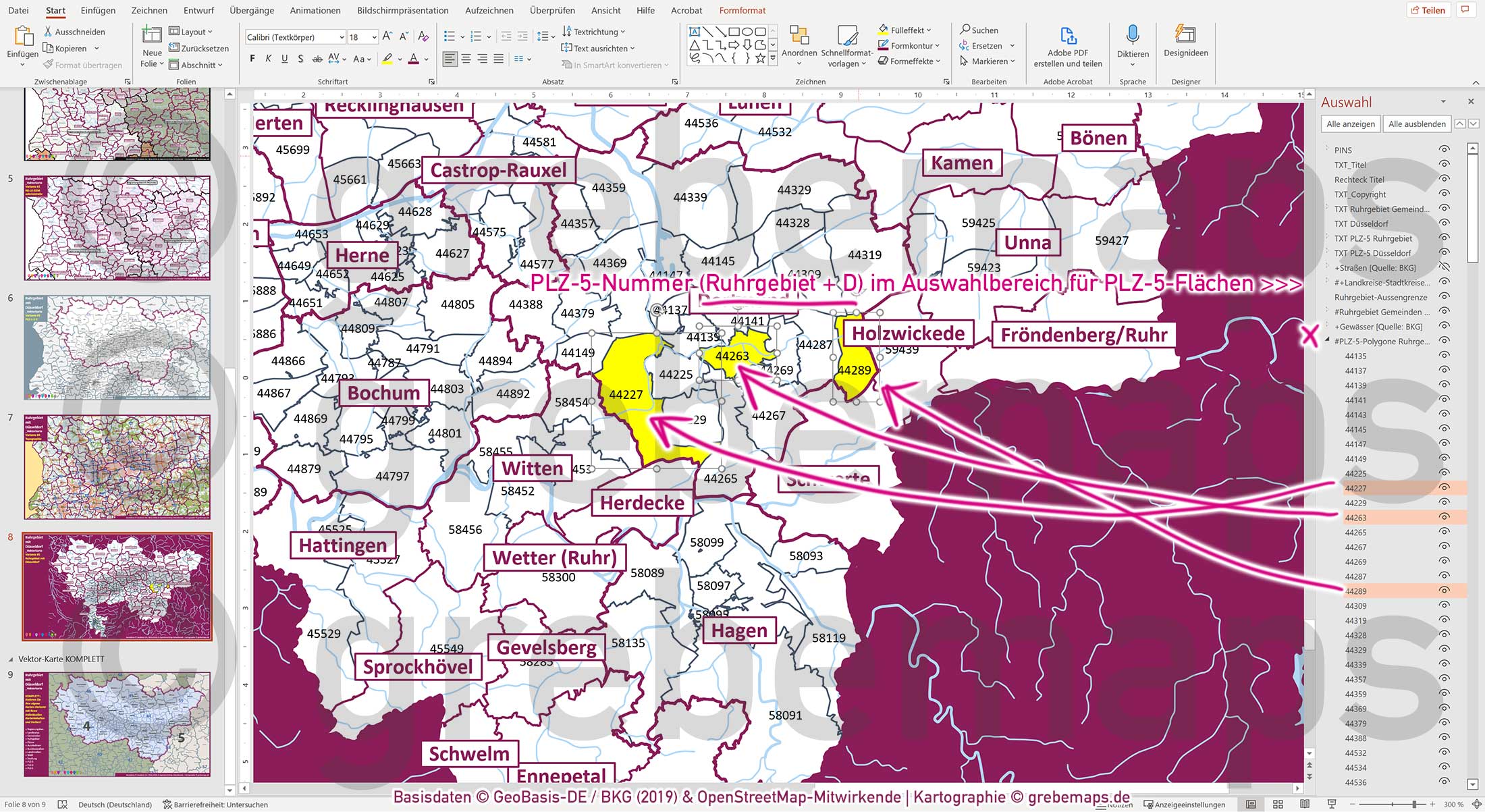 PowerPoint-Karte Ruhrgebiet mit Düsseldorf Postleitzahlen 1-2-5-stellig Gemeinden Landkreise Regierungsbezirke Autobahnen einfärbbar bearbeitbar download - mit Deutschlandkarte [Digital] – Bild 11