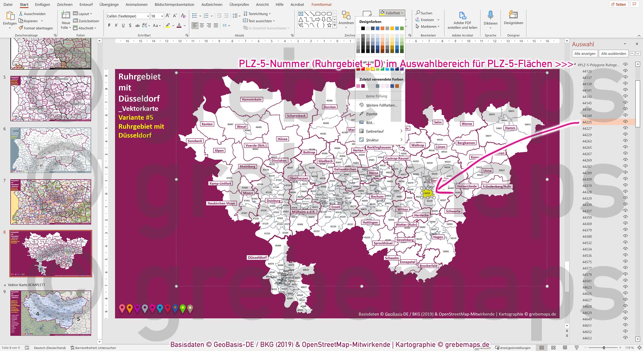 PowerPoint-Karte Ruhrgebiet mit Düsseldorf Postleitzahlen 1-2-5-stellig Gemeinden Landkreise Regierungsbezirke Autobahnen einfärbbar bearbeitbar download - mit Deutschlandkarte [Digital] – Bild 7