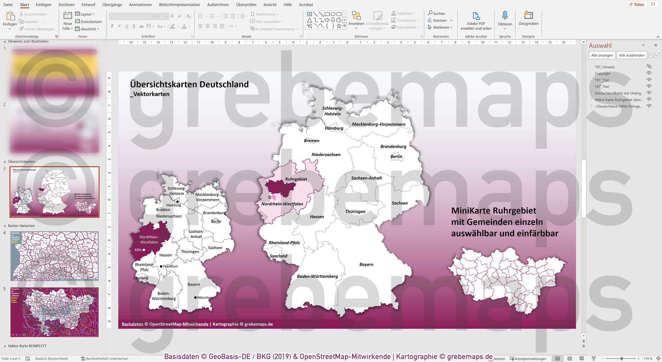 PowerPoint-Karte Ruhrgebiet mit Düsseldorf Postleitzahlen 5-stellig Gemeinden Landkreise einfärbbar bearbeitbar download - mit Deutschlandkarte [Digital] – Bild 8
