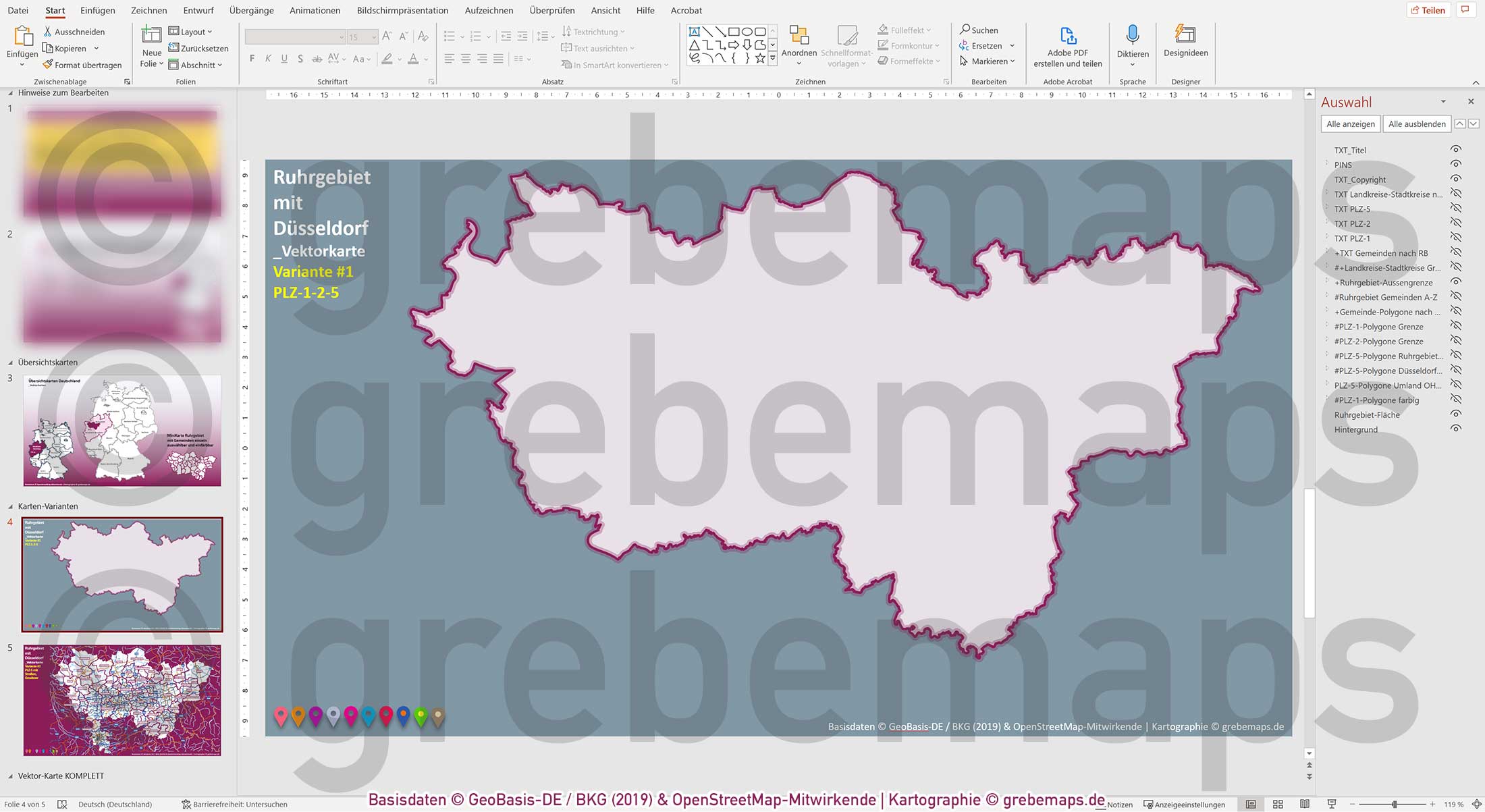 PowerPoint-Karte Ruhrgebiet mit Düsseldorf Postleitzahlen 5-stellig Gemeinden Landkreise einfärbbar bearbeitbar download - mit Deutschlandkarte [Digital] – Bild 11