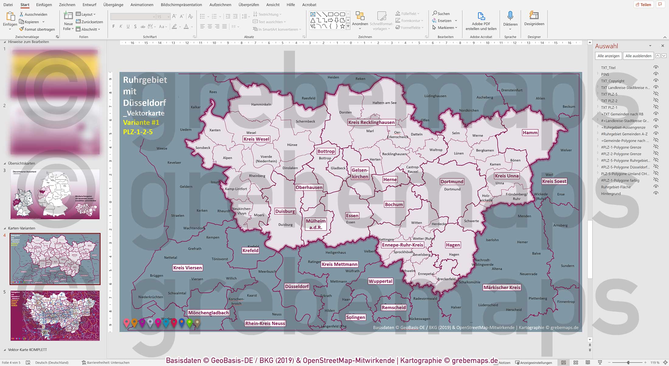 PowerPoint-Karte Ruhrgebiet mit Düsseldorf Postleitzahlen 5-stellig Gemeinden Landkreise einfärbbar bearbeitbar download - mit Deutschlandkarte [Digital] – Bild 12