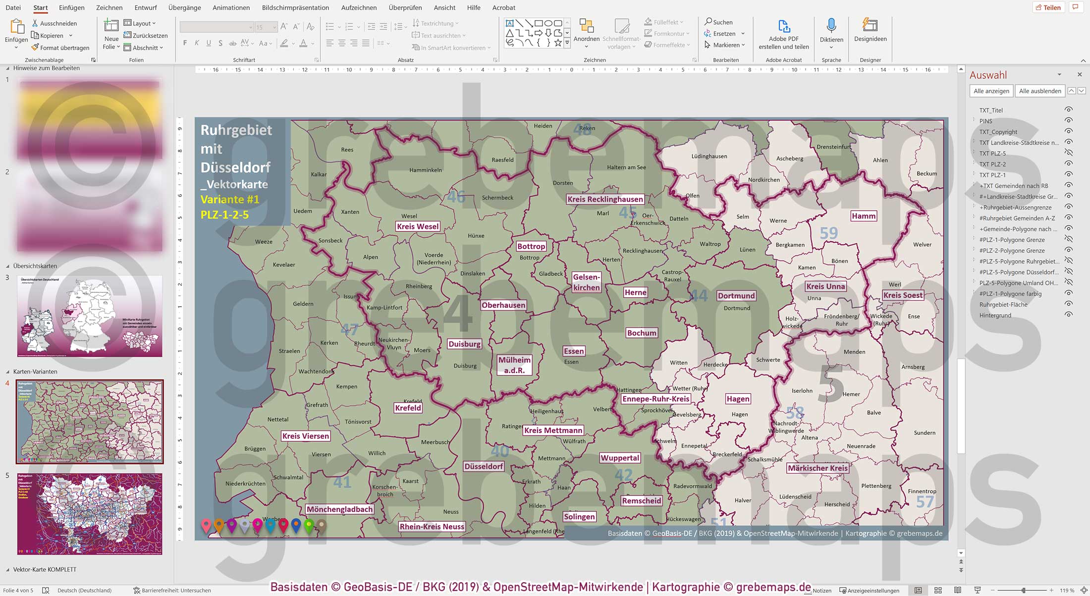 PowerPoint-Karte Ruhrgebiet mit Düsseldorf Postleitzahlen 5-stellig Gemeinden Landkreise einfärbbar bearbeitbar download - mit Deutschlandkarte [Digital] – Bild 14