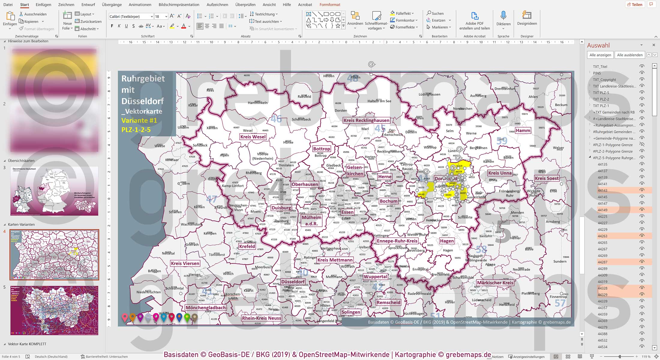 PowerPoint-Karte Ruhrgebiet mit Düsseldorf Postleitzahlen 5-stellig Gemeinden Landkreise einfärbbar bearbeitbar download - mit Deutschlandkarte [Digital] – Bild 4