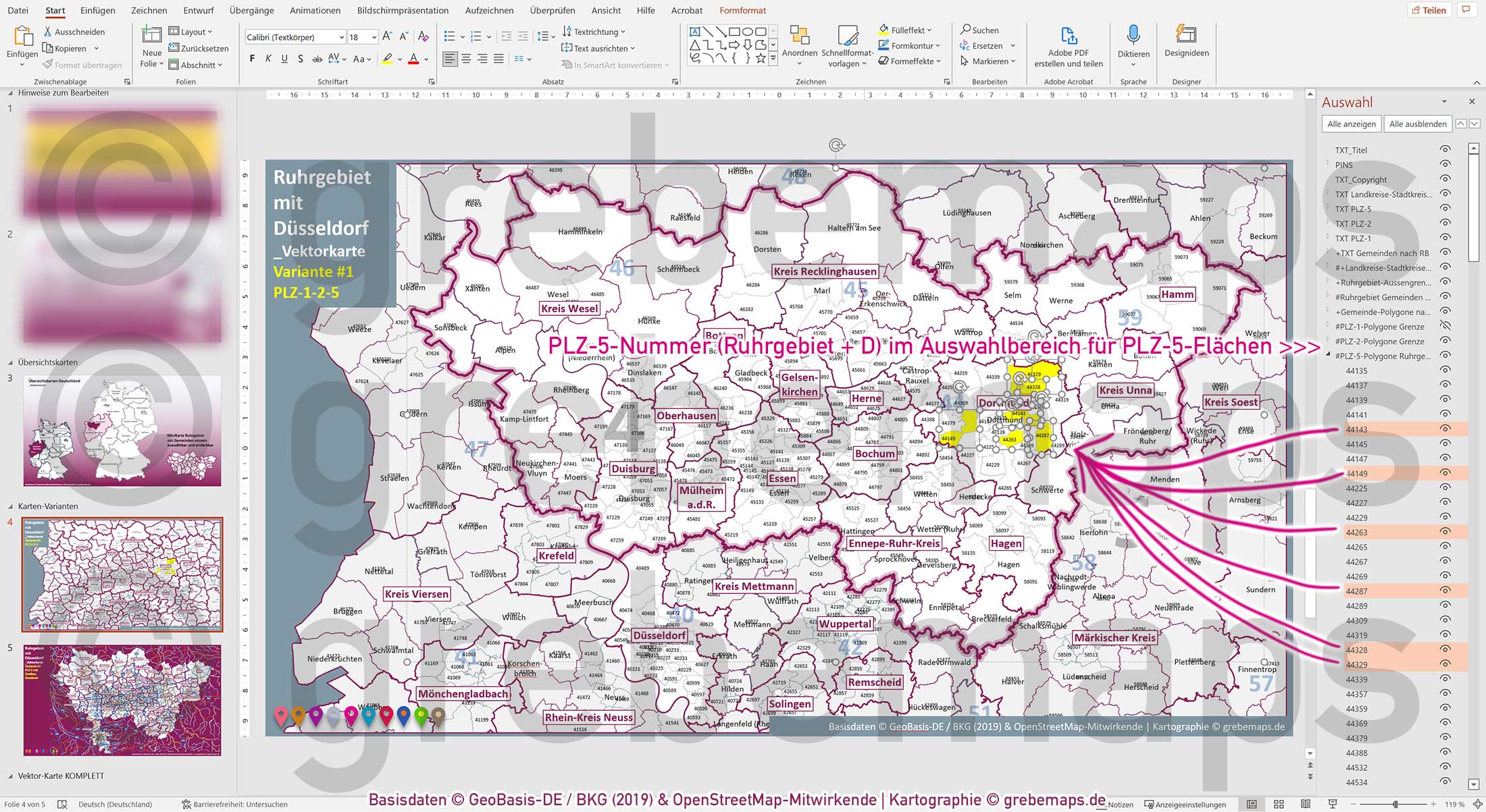 PowerPoint-Karte Ruhrgebiet mit Düsseldorf Postleitzahlen 5-stellig Gemeinden Landkreise einfärbbar bearbeitbar download - mit Deutschlandkarte [Digital] – Bild 5