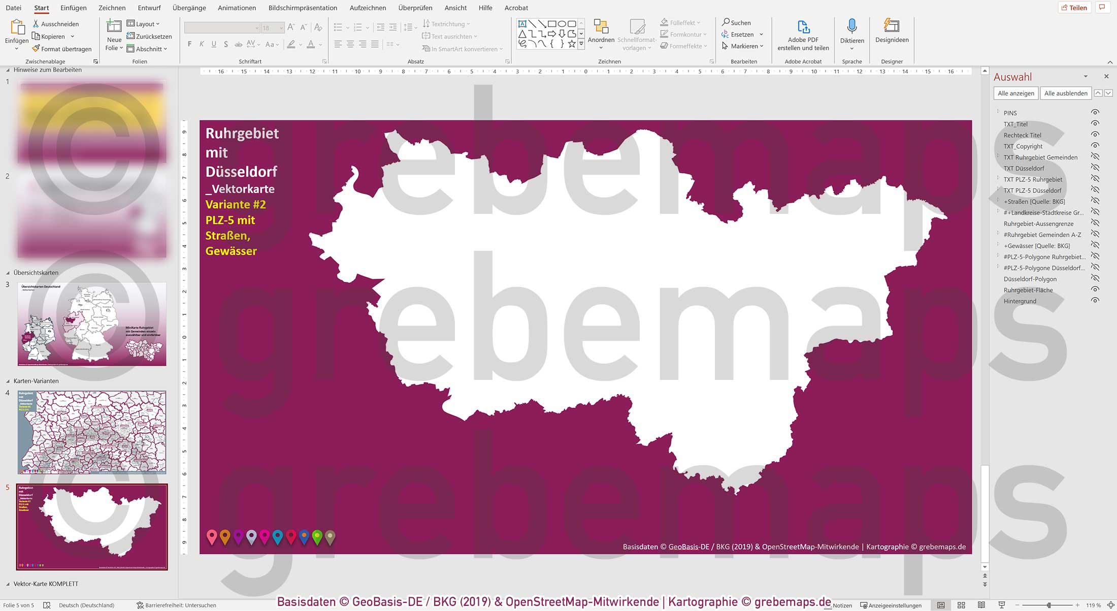 PowerPoint-Karte Ruhrgebiet mit Düsseldorf Postleitzahlen 5-stellig Gemeinden Landkreise einfärbbar bearbeitbar download - mit Deutschlandkarte [Digital] – Bild 16
