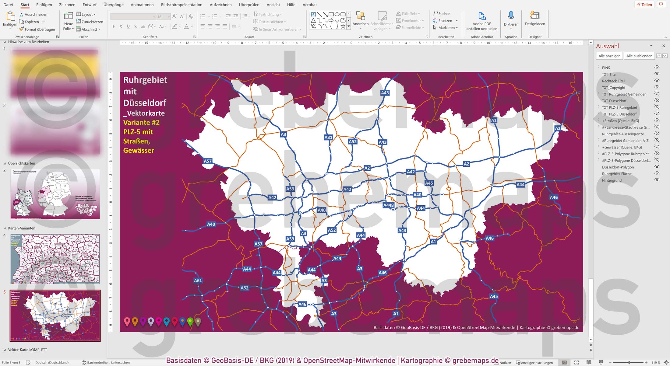 PowerPoint-Karte Ruhrgebiet mit Düsseldorf Postleitzahlen 5-stellig Gemeinden Landkreise einfärbbar bearbeitbar download - mit Deutschlandkarte [Digital] – Bild 19