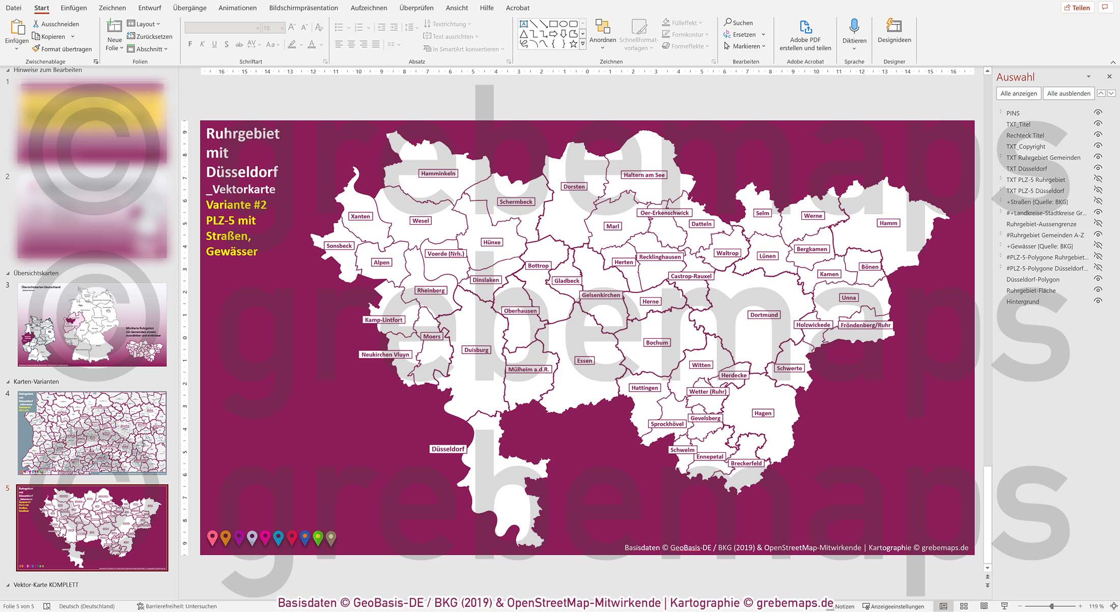 PowerPoint-Karte Ruhrgebiet mit Düsseldorf Postleitzahlen 5-stellig Gemeinden Landkreise einfärbbar bearbeitbar download - mit Deutschlandkarte [Digital] – Bild 20