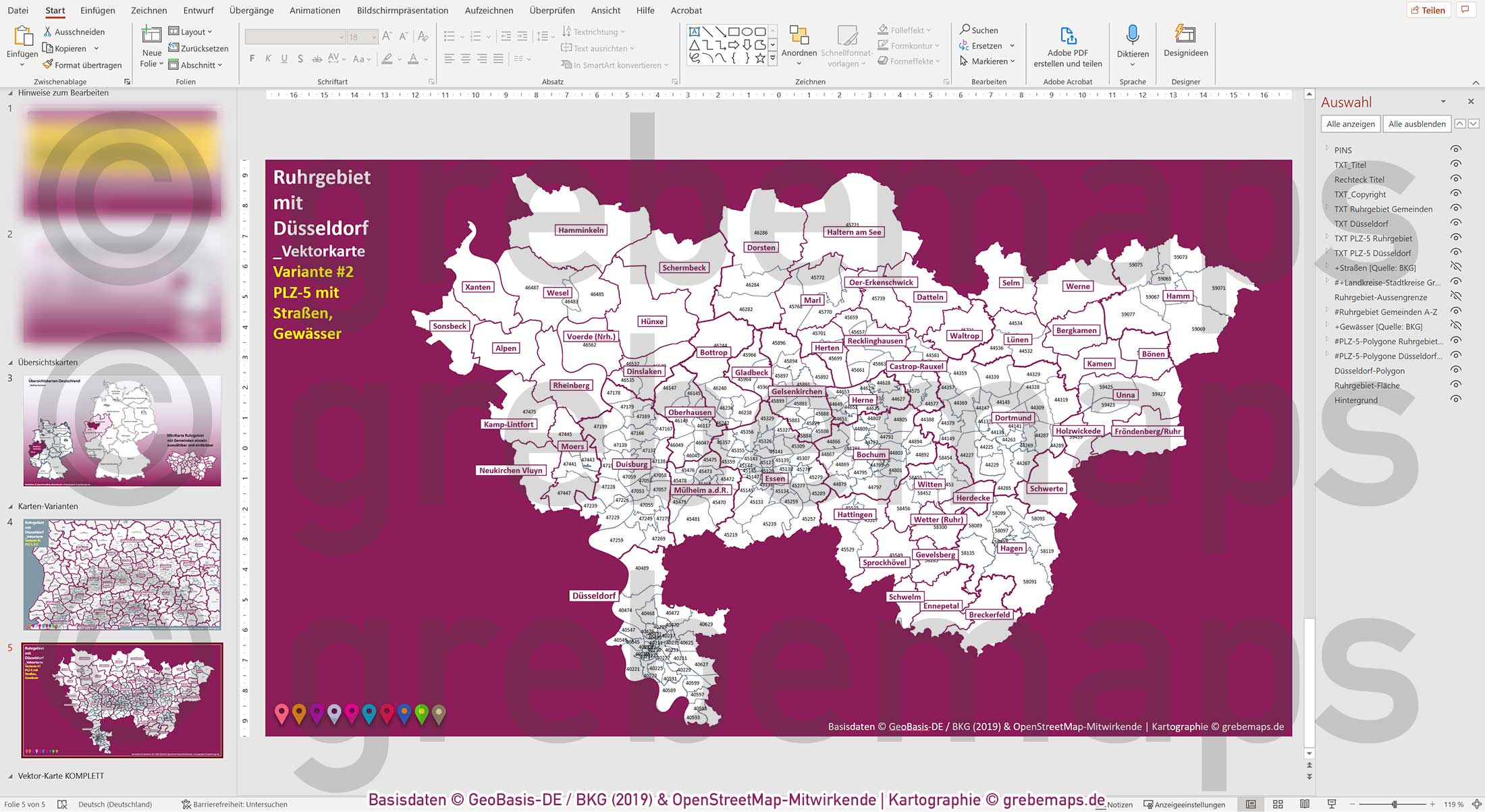 PowerPoint-Karte Ruhrgebiet mit Düsseldorf Postleitzahlen 5-stellig Gemeinden Landkreise einfärbbar bearbeitbar download - mit Deutschlandkarte [Digital] – Bild 21