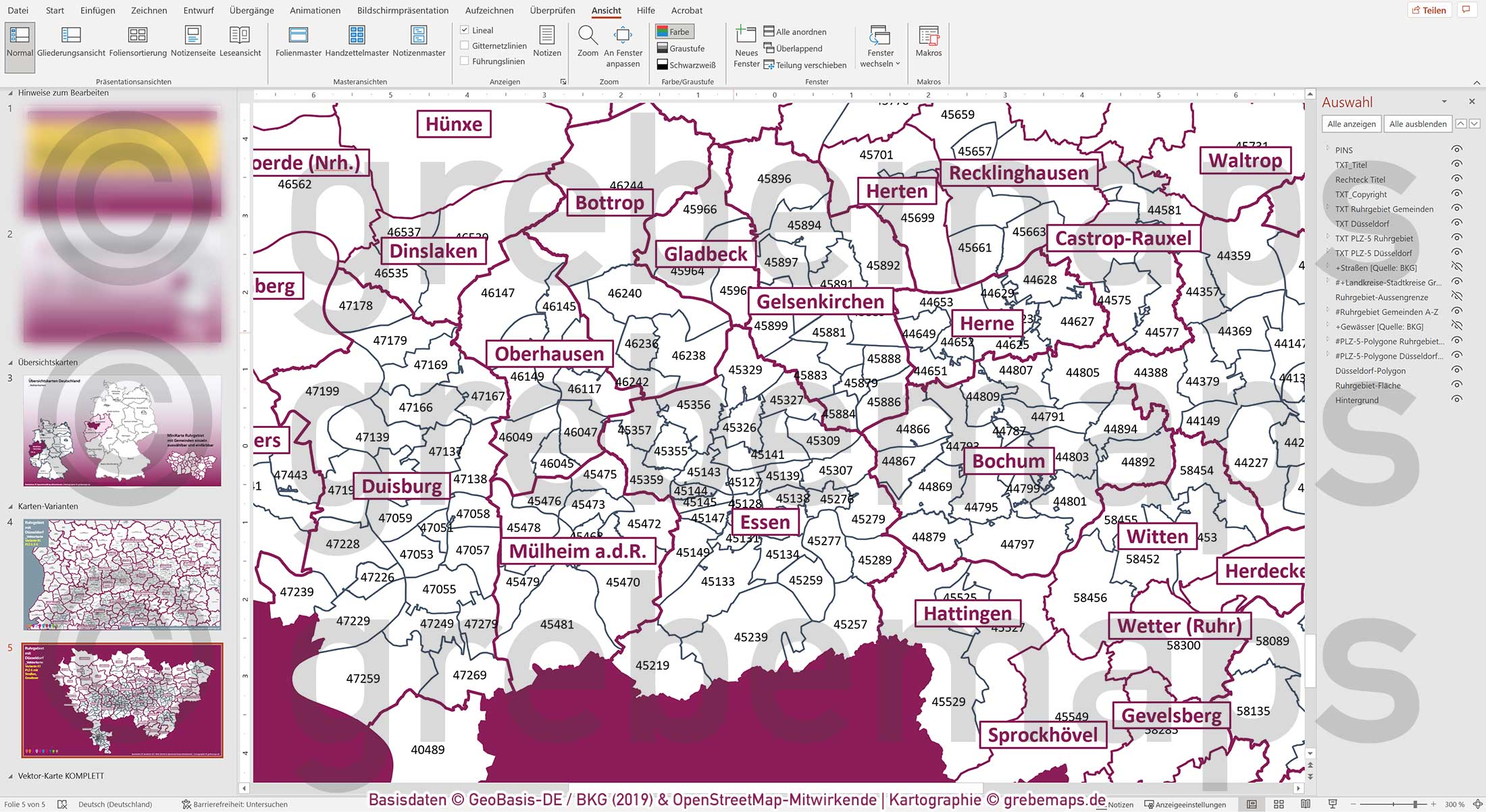 PowerPoint-Karte Ruhrgebiet mit Düsseldorf Postleitzahlen 5-stellig Gemeinden Landkreise einfärbbar bearbeitbar download - mit Deutschlandkarte [Digital] – Bild 22