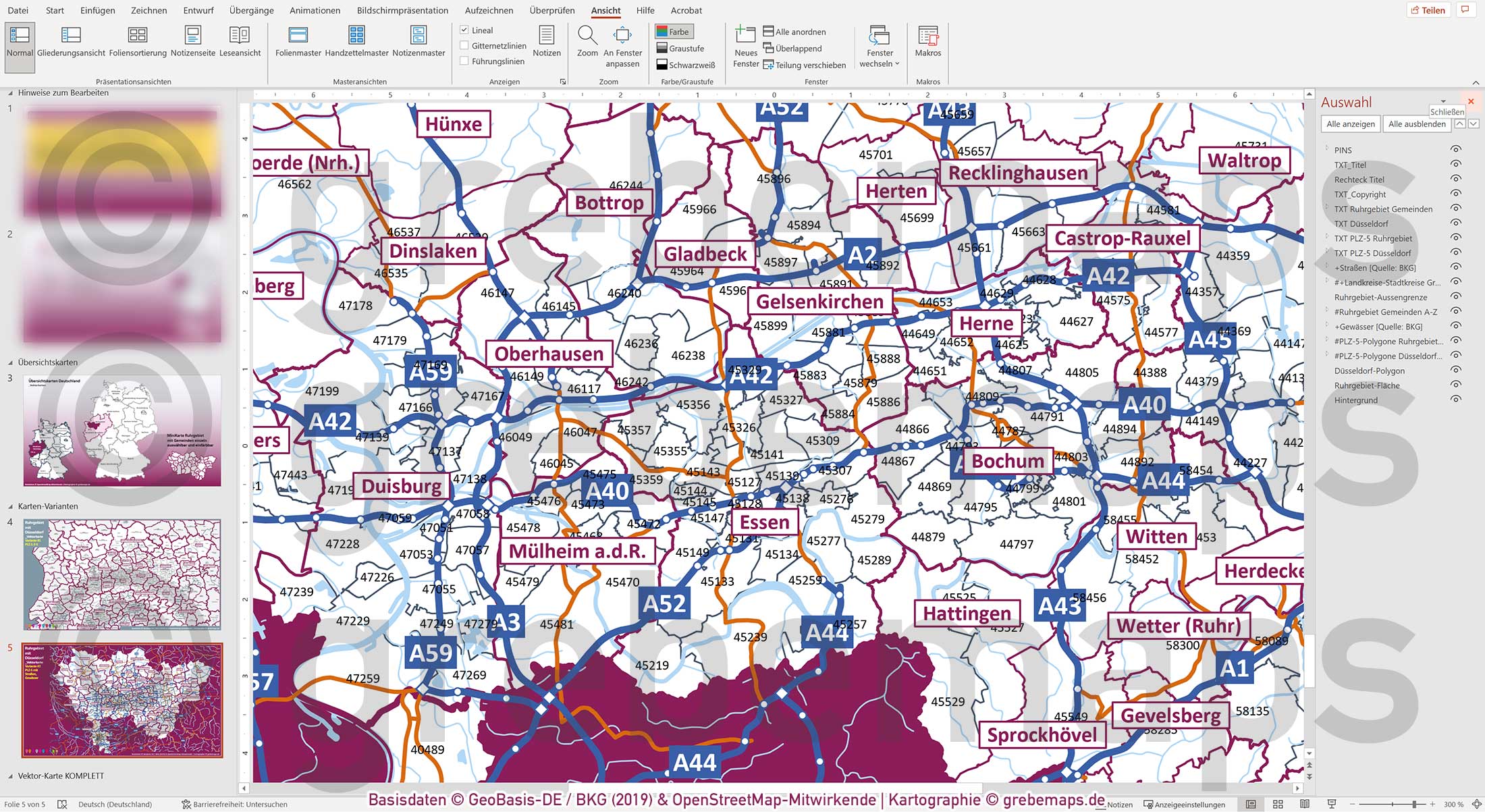 PowerPoint-Karte Ruhrgebiet mit Düsseldorf Postleitzahlen 5-stellig Gemeinden Landkreise einfärbbar bearbeitbar download - mit Deutschlandkarte [Digital] – Bild 23
